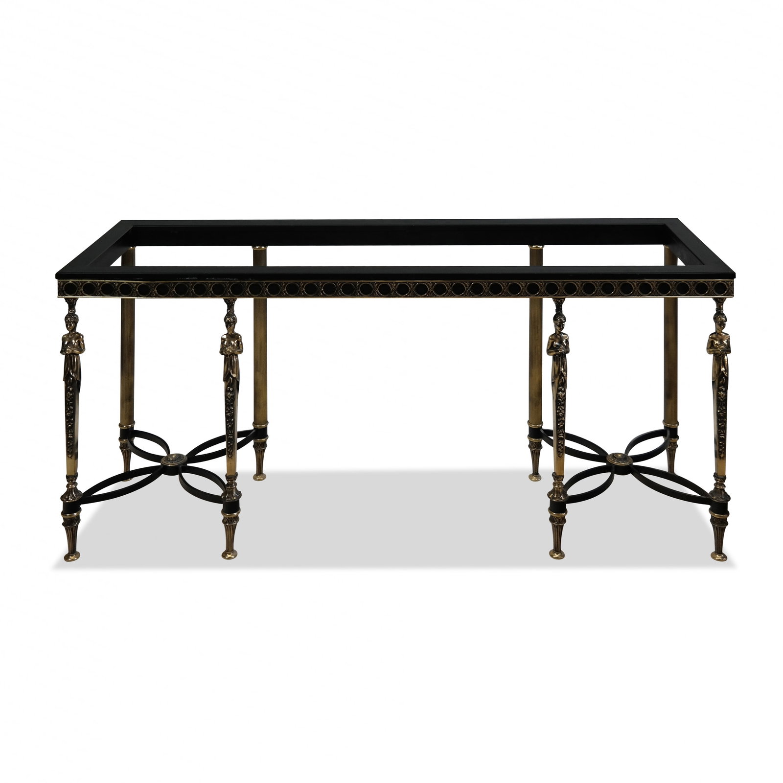 Renaissance Long Metal Console Base: Renaissance long metal console, American late 20th century, with silvered metal figures supporting top metal frame and ending in gilt metal legs. [28" H x 56" W x 15.5" D]. Good sturdy condition, No T