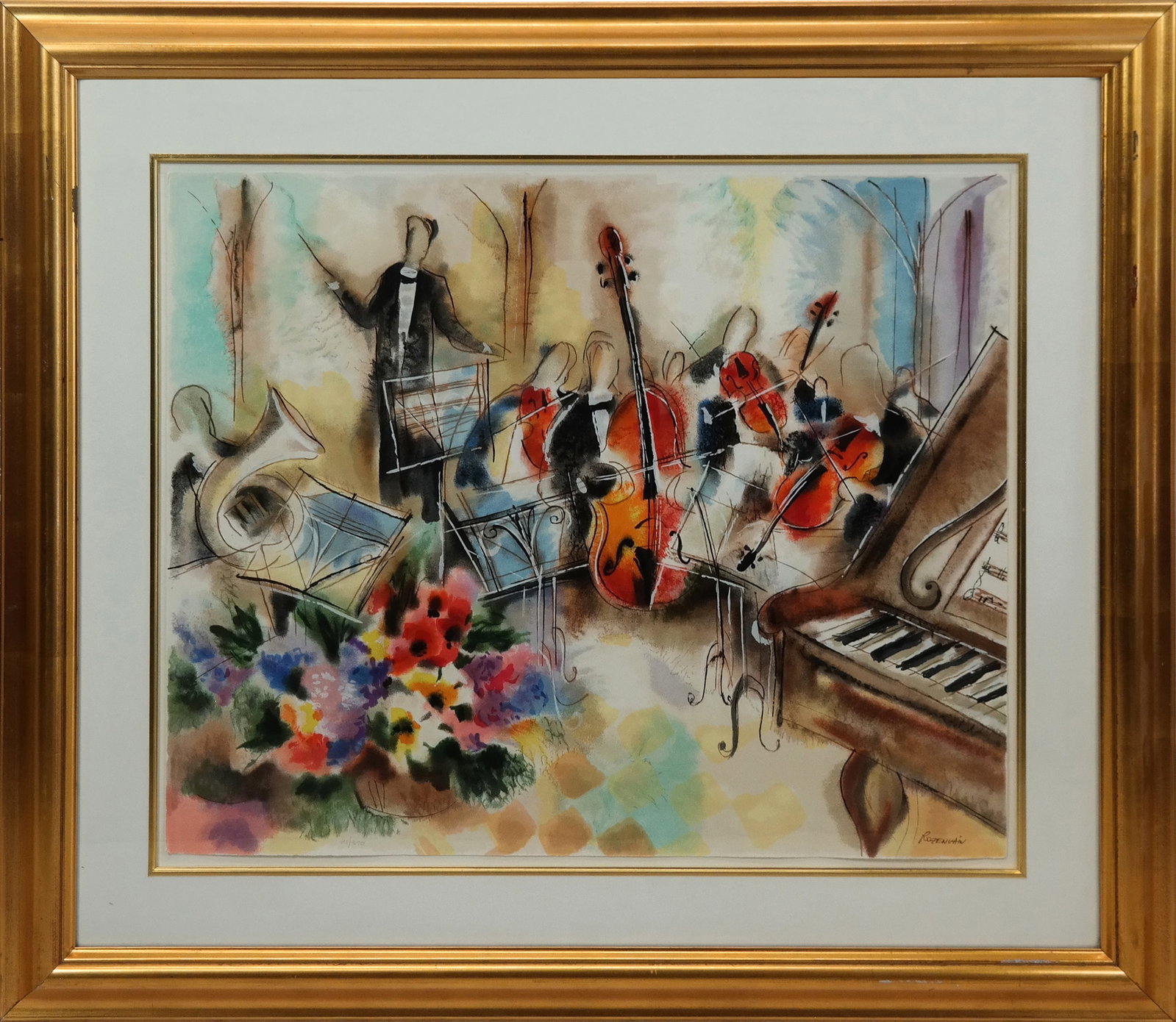 Michael ROSENVAIN - Lithograph: Michael ROSENVAIN, Large lithograph of a small orchestra with conductor. Signed lower right, 81/390. [25" H x 31" W; 39" H x 44"W ]. Fine condition, frame with a few nicks.
