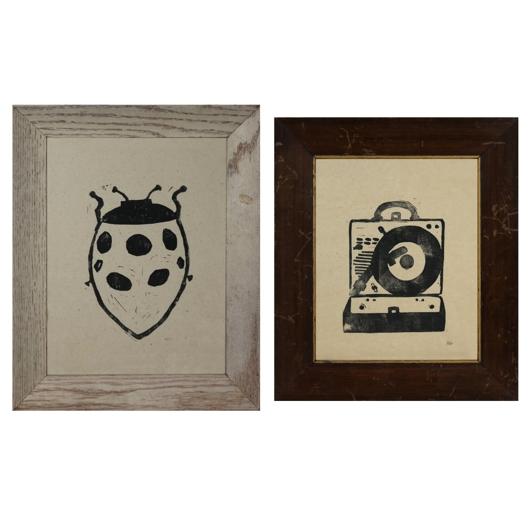 Hugo GUINESS, Two Linocuts: Hugo Guinness (British/American b. 1959) two linocuts, comprising a linocut of a ladybug, and a linocut of a record plater from the artist's Power Tools Forever collection, each signed HG in graphite,
