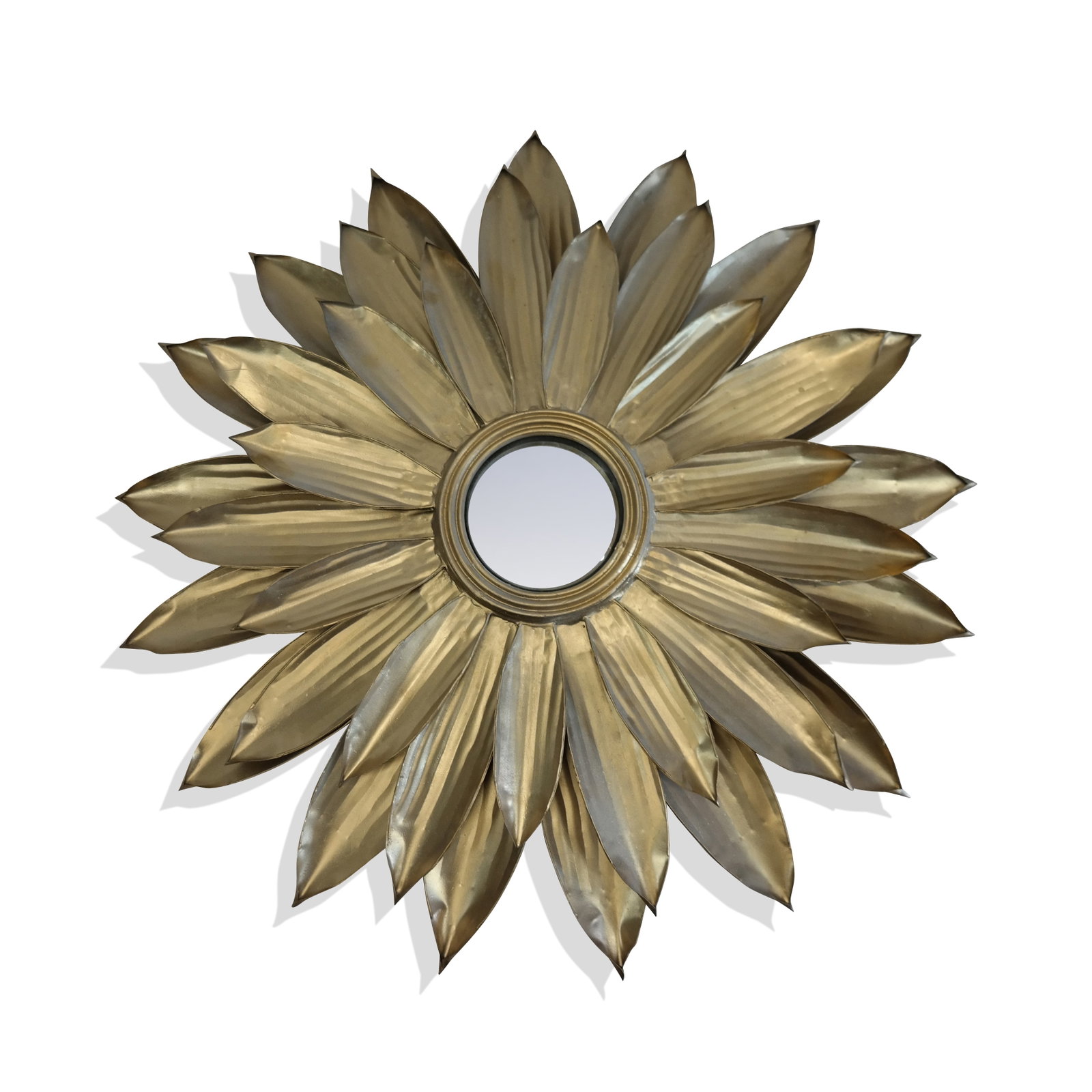 Modern Gilt Metal Sunburst Mirror: Modern Gilt Metal sunburst mirror, China late 20th century, with convex round mirror center and sunburst (or flower petals). [34" diameter]. Good condition, needs cleaning.