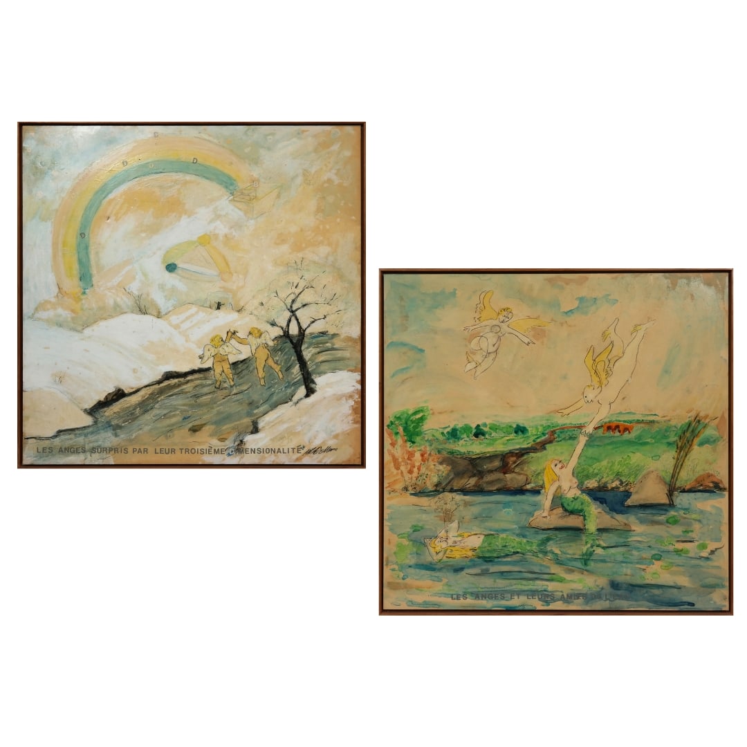 Signed Illegibly - Pair Mixed Media on Panels: Signed Illegibly - pair mixed media works on panels, "Les Angels...". Angels in 2 different scenes in nature, titled on bottom in block letters lacquered to mixed media on panels. One signed lower rig