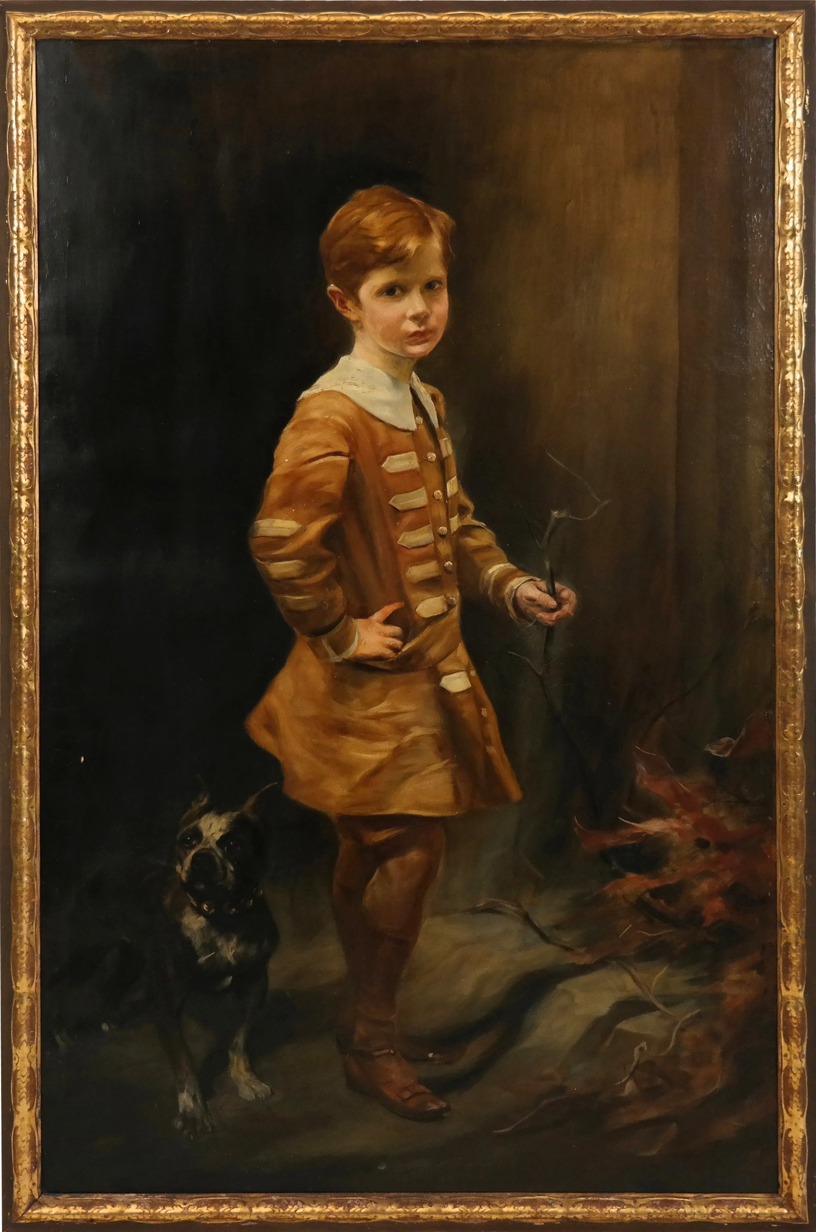 Joszi Ardpad KOPPAY - Large Portrait: Joszi Arpad KOPPAY (Austrian, 1859-1927) Oil on canvas, portrait of a young man with bulldog. Signed lower right. [60" H x 36" W; 65" H x 41" W]. Good condition, chip middle left, craquelure lower par