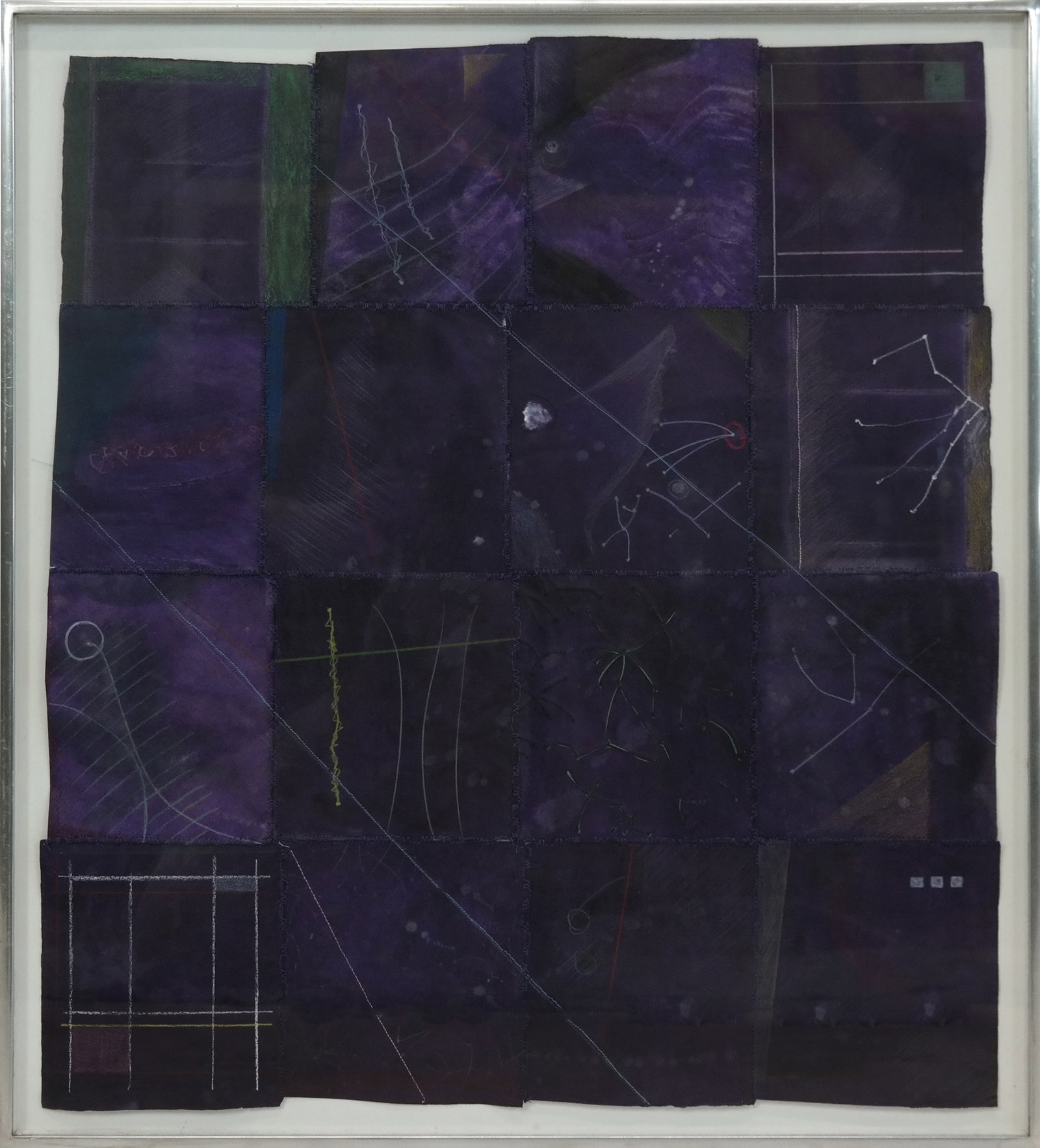 Unsigned - Mixed Media in Purple: Unsigned, modern mixed media in purple, of purple colored wove paper, sewn together, with abstract shapes and lines. [22" H x 20"W ; 24" H x 22" W]. Good condition.