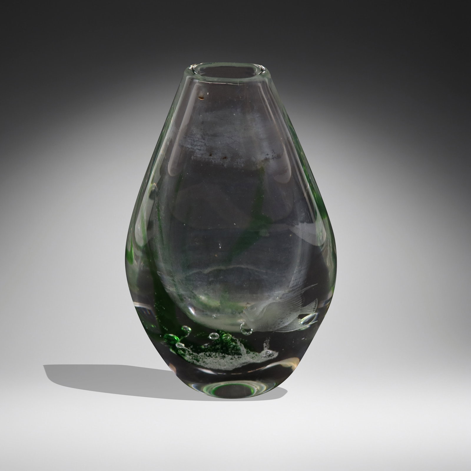 Kosta "Seaweed" Art Glass Vase: Kosta "Seaweed" art glass vase, Swedish, third quarter of the 20th century, probably by Vicke Lindstrand, designed to evoke an underwater scene with satin fish, air bubbles and seaweed, mark to base "