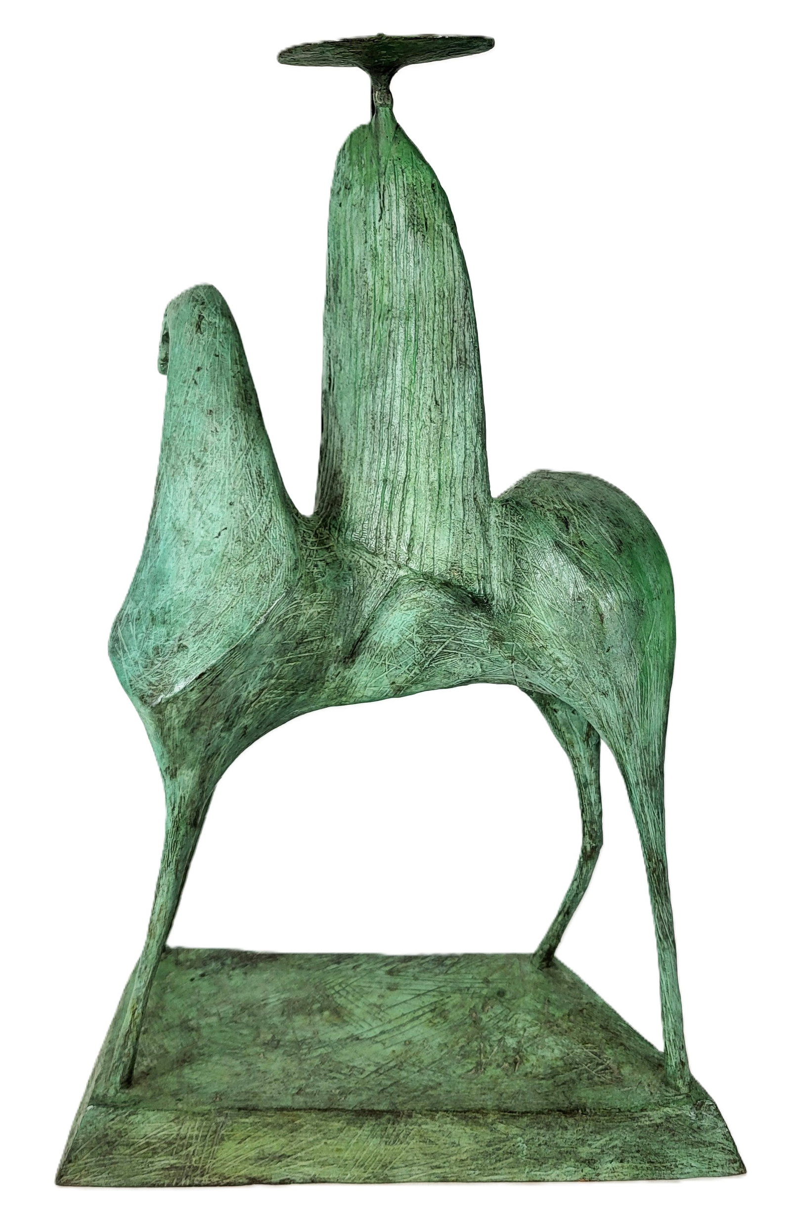 Gloria ELIES Bronze of a Horseman: Gloria Elies (Canada, 1923-2013) bronze sculpture of a figure on horseback, signed to lower at one side. [26" H x 16" W x 8" D]. Condition is good.