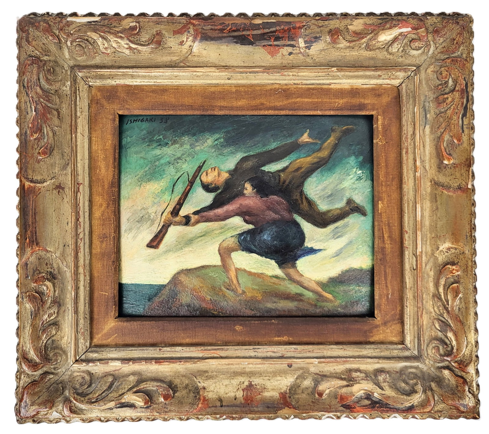 Eitaro ISHIGAKI Oil on Board Figural Scene: Eitaro Ishigaki (Japan/United States, 1883-1958) oil on panel scene with two figures and a gun, 1938, signed Ishigaki to upper right with date, in a frame. [Framed: 15.25" H x 17.25" W]. Condition is 