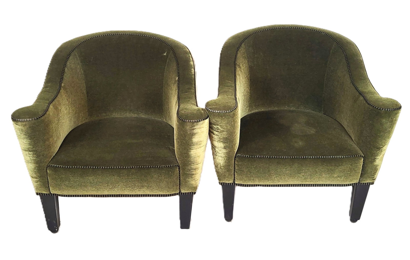 Hoffman-Wittman Pair Mohair Upholstered Armchairs: Pair of Mohair upholstered armchairs, Austria, 20th century, designed by Josef Hoffman and produced by Wittman Furniture, with decorative piping and marked Hoffman made by Wittman and with further Wit