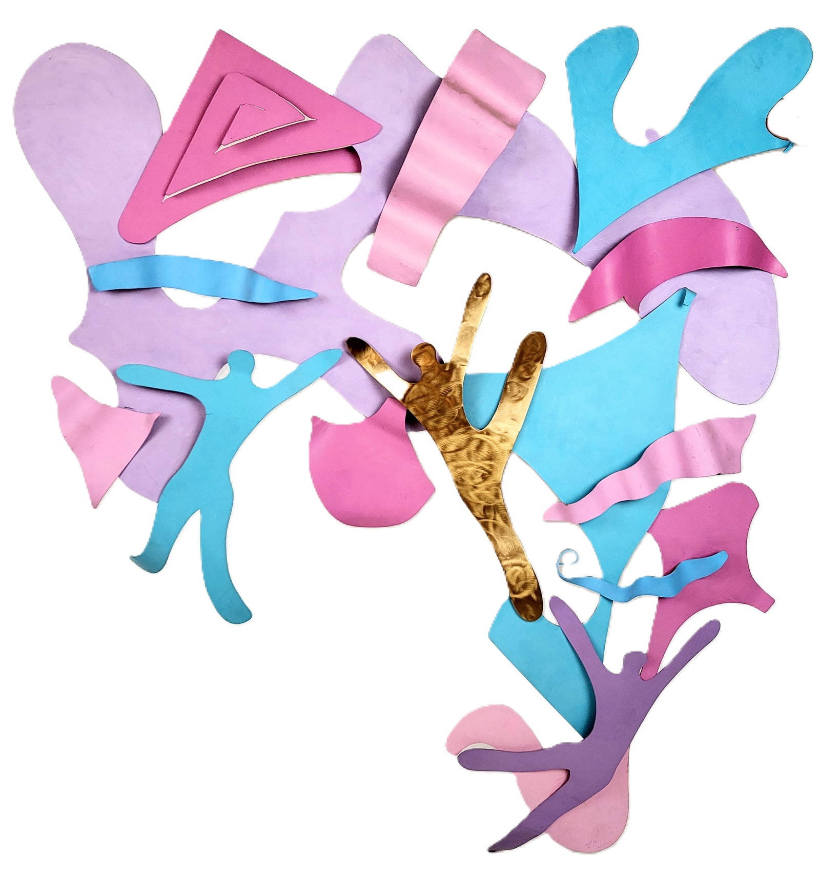 Steve ZALUSKI "Having Fun" Metal Wall Sculpture: Steve Zaluski (American, b. 1952) "Having Fun" painted and polished metal wall sculpture, 2000, in pinks and purples with copper accent, titled, dated, and signed Zaluski to reverse, and signature to 
