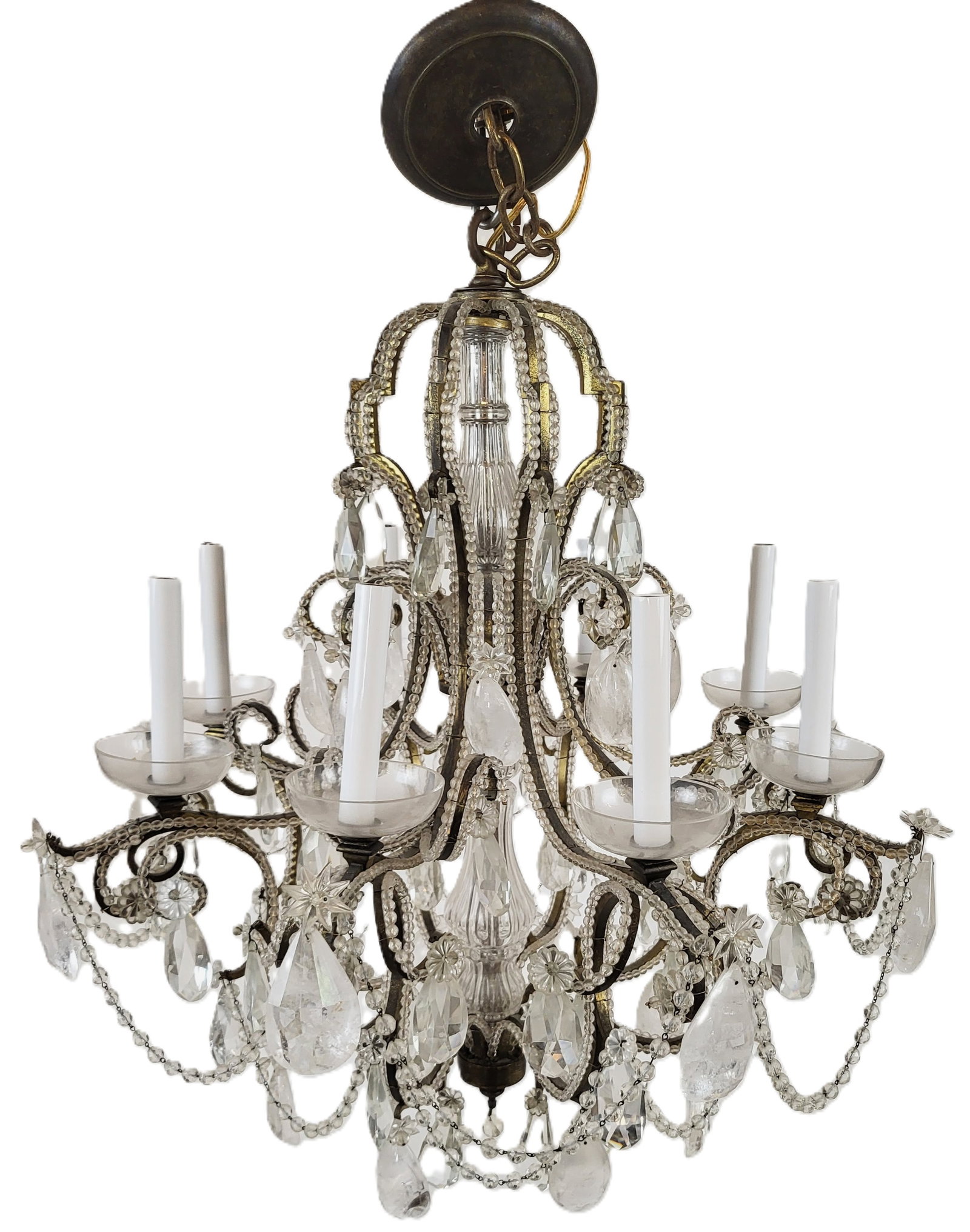 Louis XV Glass and Rock Crystal Chandelier: Louis XV glass and rock crystal chandelier, France, 20th century, with eight lights, a gilt frame, and cut glass details. [34" H x 30" Diameter]. Condition is good with some residue, wiring untested.