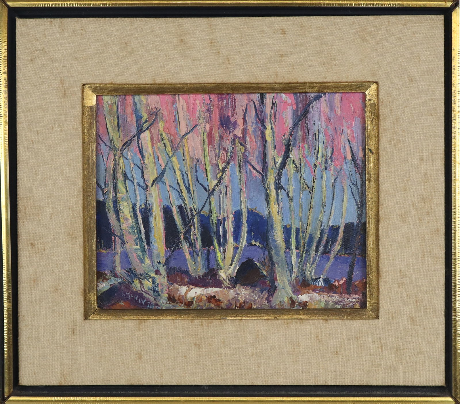 Oil on Canvas Landscape with Trees: Oil on canvas landscape with trees, 1978, with impasto detail, signed illegibly to lower left with date, in a frame. [Framed: 14" H x 16" W]. Condition to work is good, matting to frame with some foxi