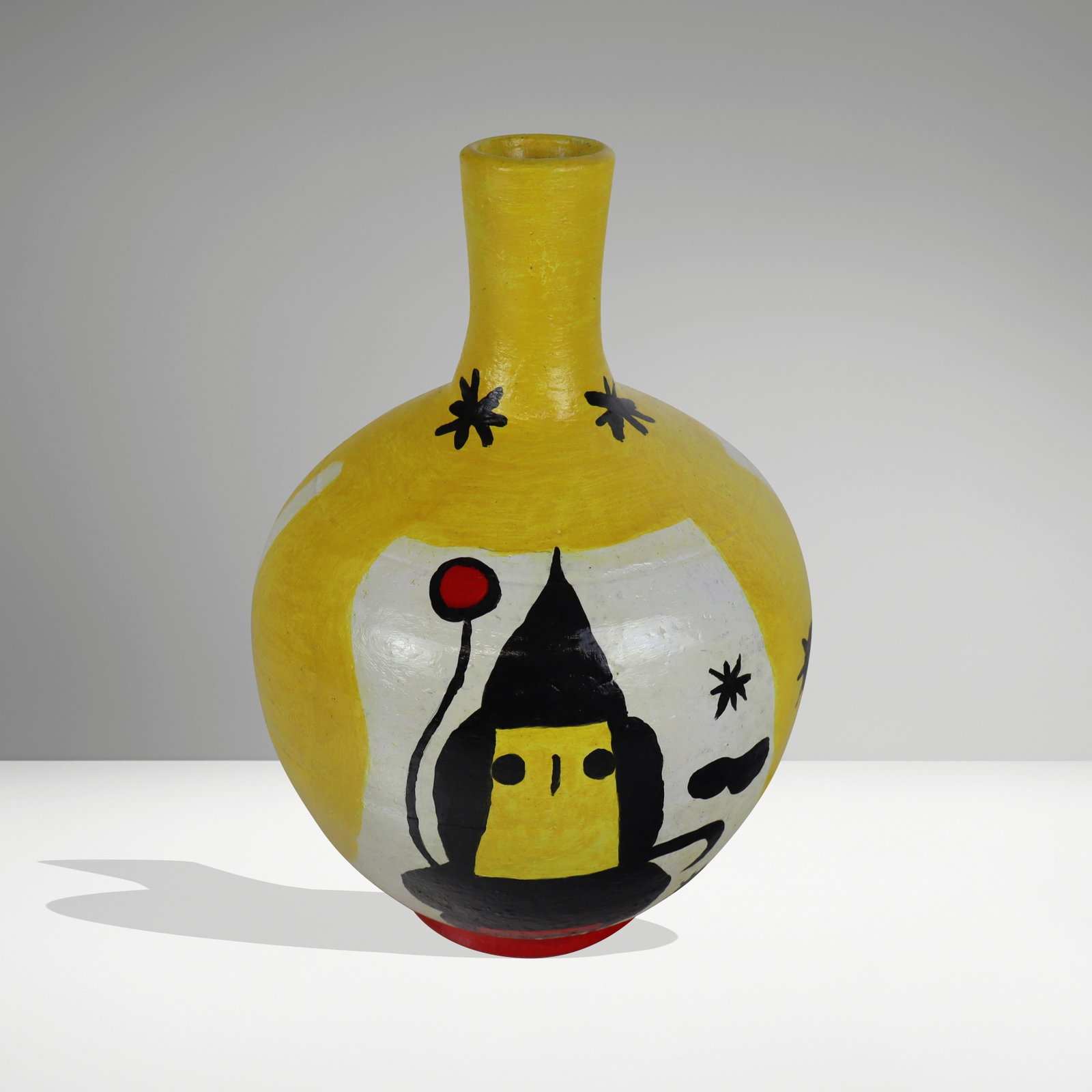 Joan MIRO Mutua Artigas Hand-Painted Vase: Joan Miro (Spain, 1893-1983) hand-painted vase, 1952, made in collaboration with Mutua Artigas, signed Miro to one side, further signed to base with date and Artigas. [13" H x 9.25" Diameter]. Conditi