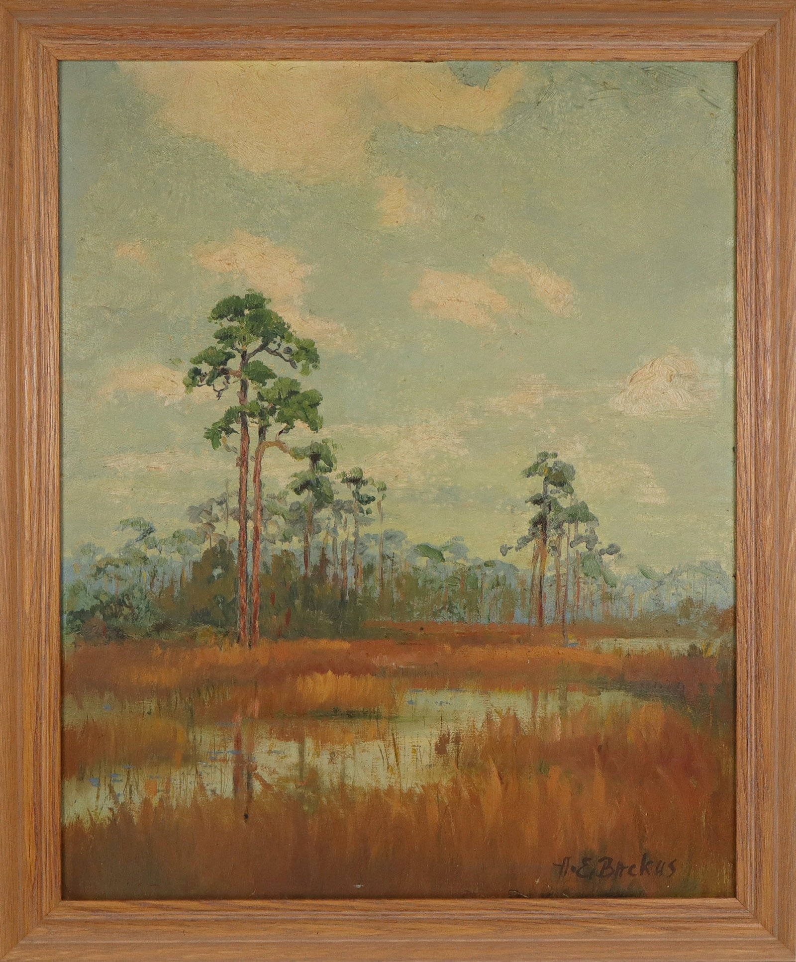 Albert Ernest Backus (United States, 1906-1990) oil on panel of a bayou scene with trees, signed (1 of 12)