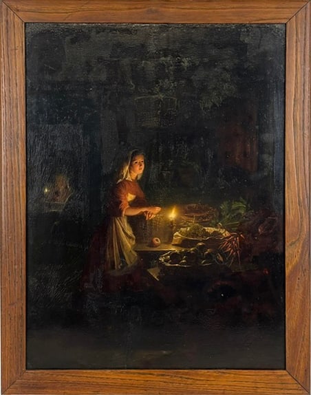 Johannes Rosierse (Dutch, 1818-1901) oil on laid canvas depicting a woman by candlelight with fruit: Johannes Rosierse (Dutch, 1818-1901) oil on laid canvas depicting a woman by candlelight with fruit and vegetables, signed J. Rosierese to lower right, in a frame. [Work: 19.5" H x 14.5" W; framed: 22