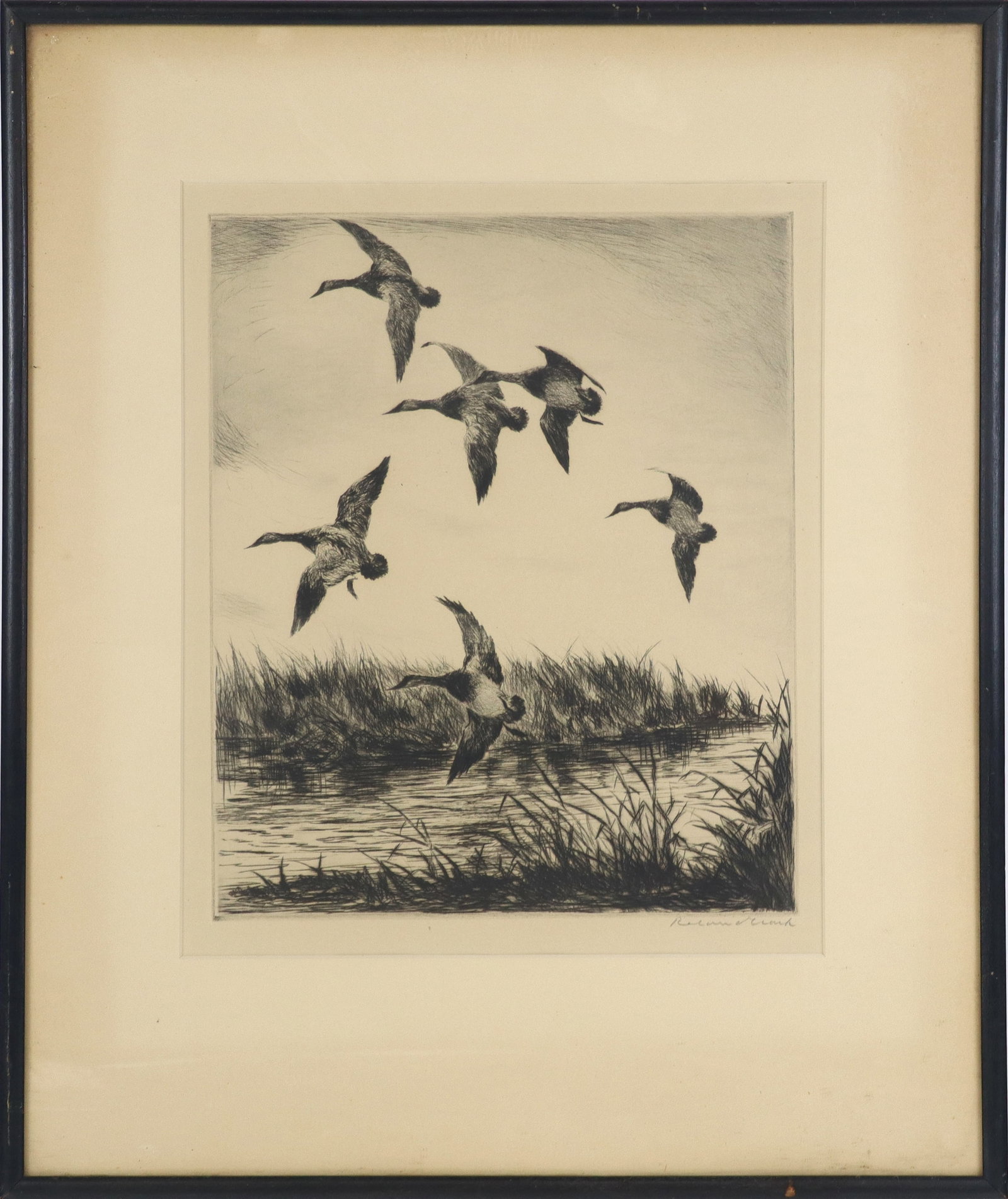 Roland Clark (United States, 1874-1937) "Dusk" dry point on paper with geese in a landscape, signed (1 of 11)