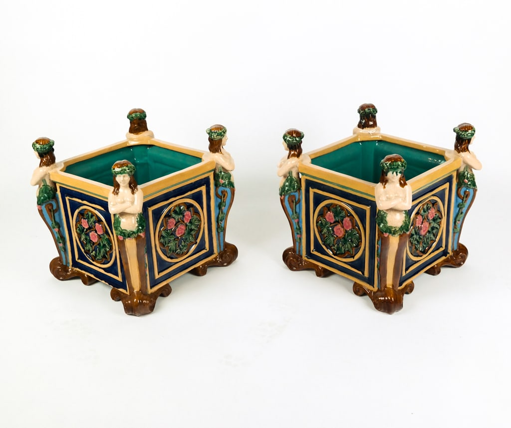 Pair English majolica jardinieres, 20th century, with busts and floral cartouches, over scrolled (1 of 12)