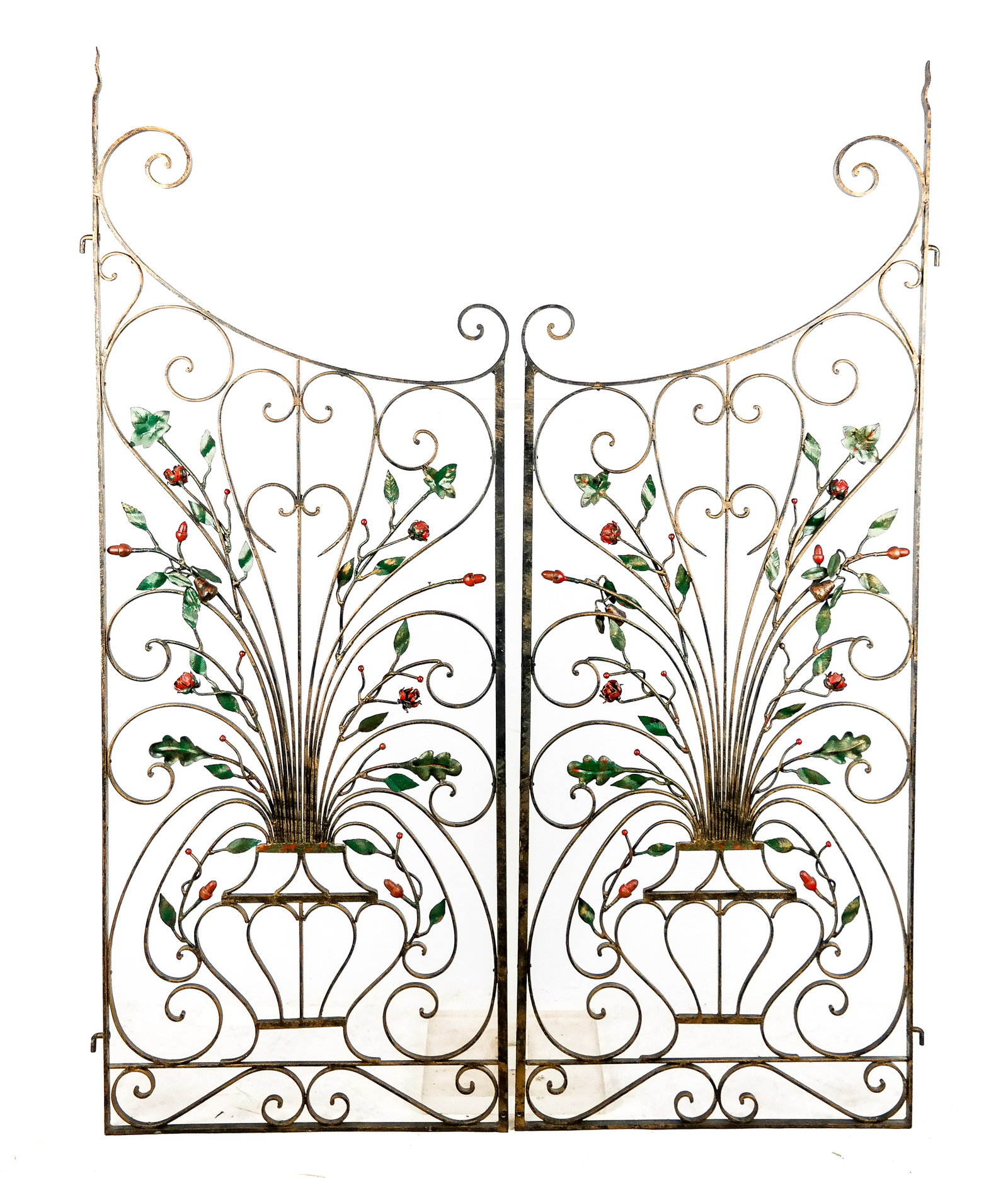Set of two bronze gates with polychrome decorated floral motif, 19th century. [68.5" H x 26.5" W x (1 of 12)