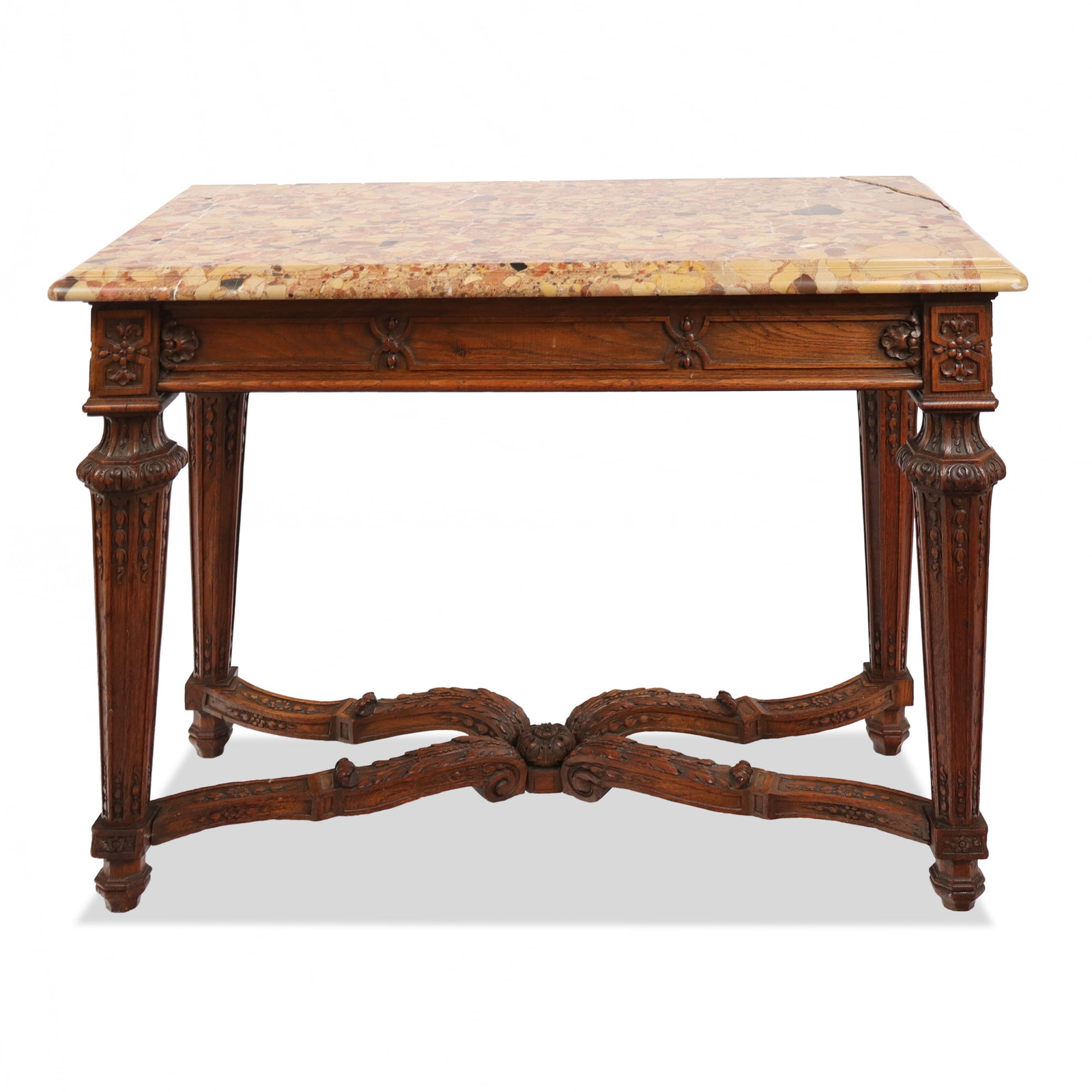 Louis XVI carved walnut console, early 20th century, with a breccia marble top and carved (1 of 15)