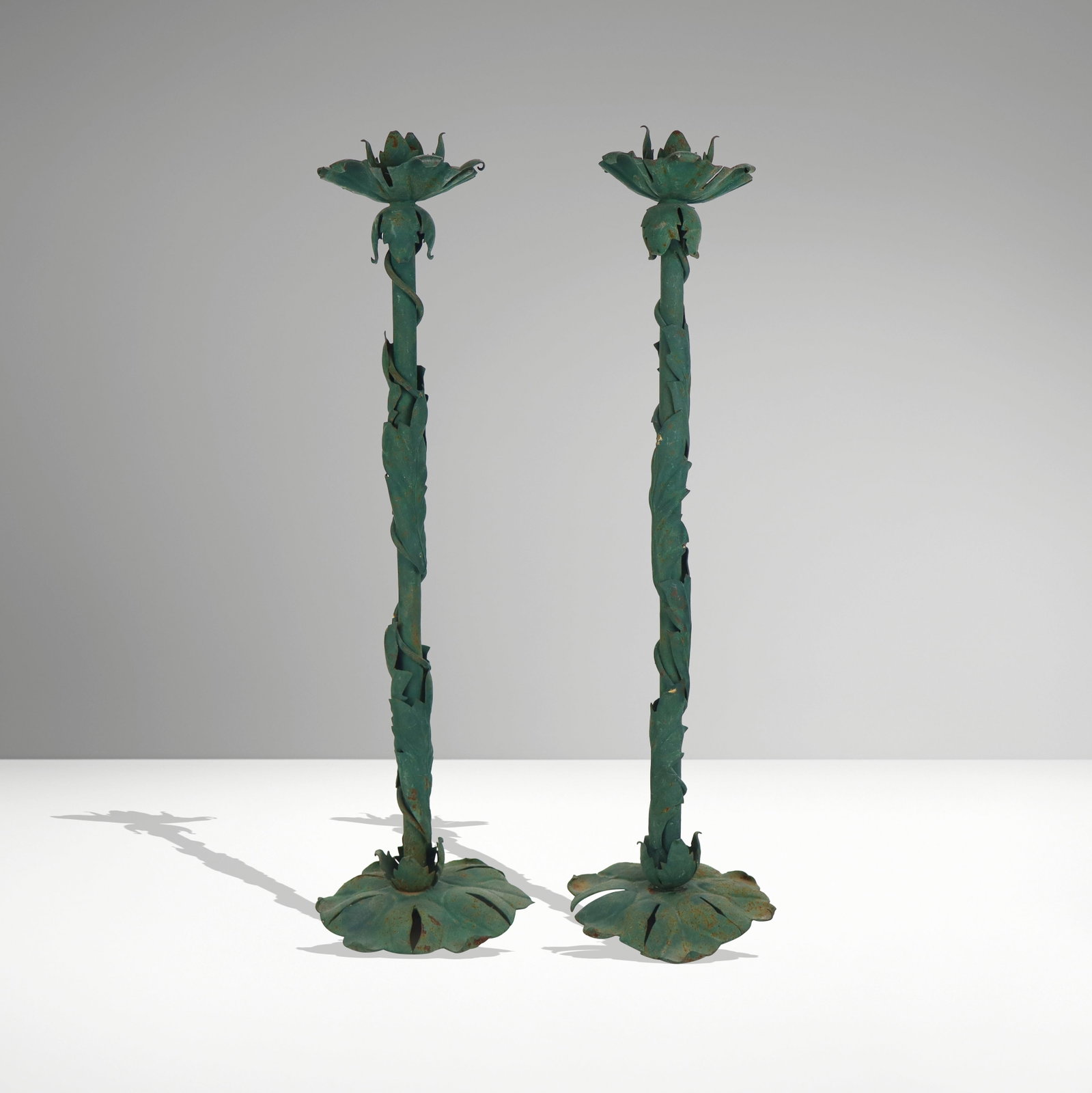 Pair of Aesthetic Movement candlesticks, 19th century, with verdigris finished iron construction and (1 of 10)