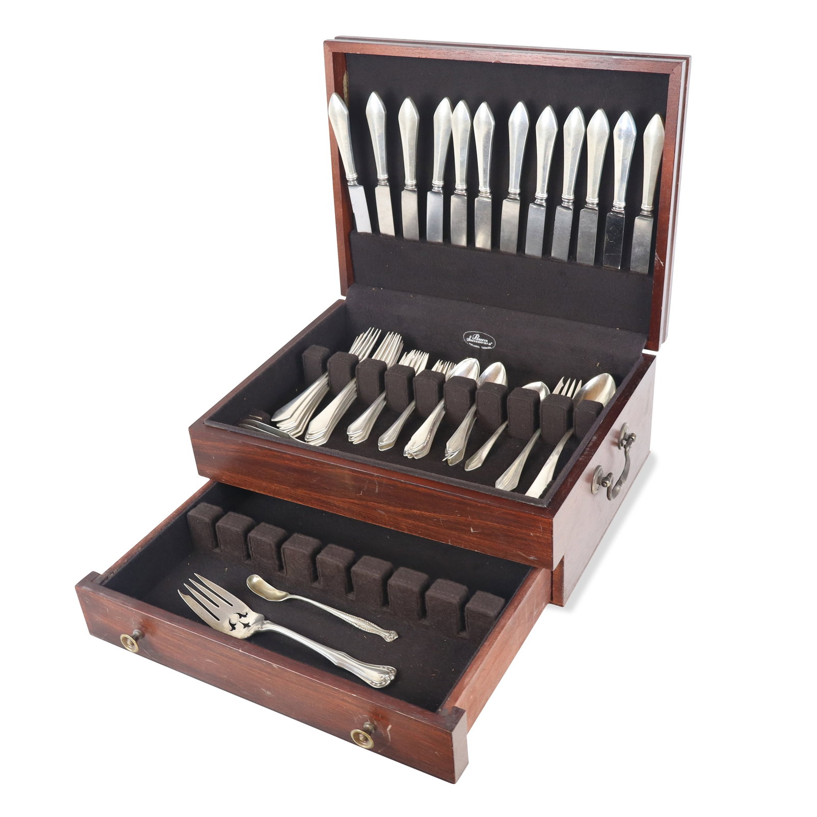 Durgin Sterling Silver Chatham Flatware, 54: Durgin sterling silver "Chatham" pattern flatware service, New Hampshire, late 19th century, comprising twelve pistol handled dinner knives, twelve dinner forks, twelve teaspoons, eight salad forks, s
