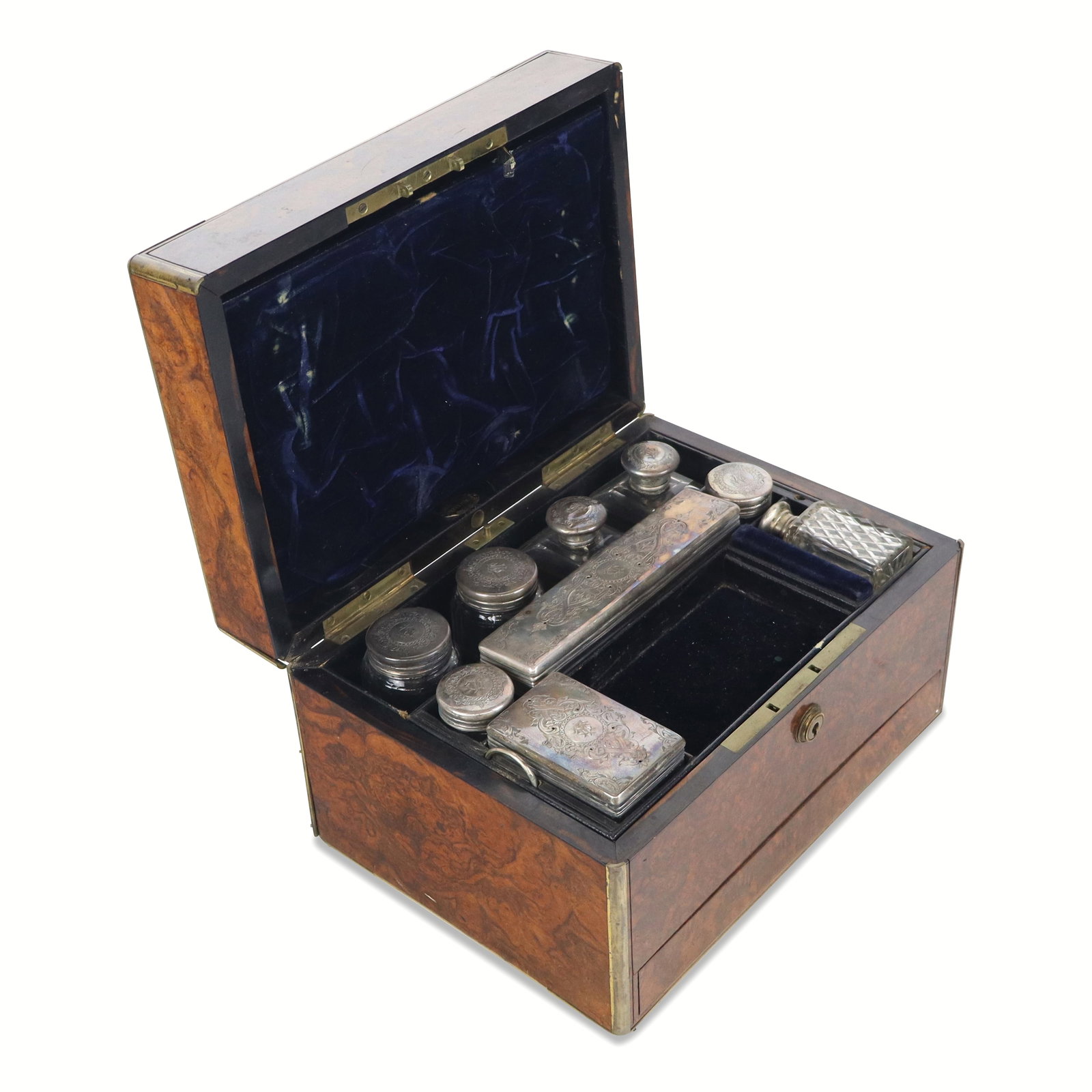 Asprey Victorian Burlwood Traveling Vanity Box: Victorian silver, glass and burl walnut traveling jewelry box with brass accents retailed by Asprey, London, 1862, silver maker James Vickery, with the hinged top opening to reveal a velvet interior w