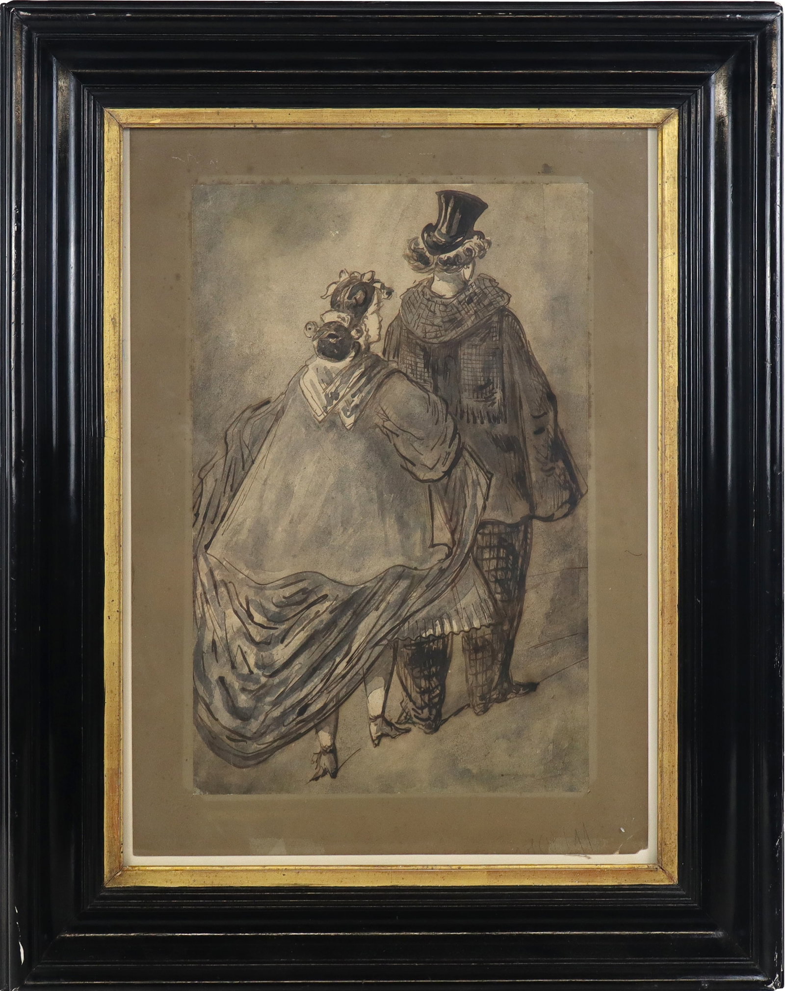 Constantin GUYS Watercolor Study of Walking Couple: Constantin Guys (French, 1802-1892) watercolor and ink on paper, walking couple, seen from behind. [15-1/2 x 10 inches (39.4 x 25.4 cm) (sheet)]. Property from the William A. Glaser Collection. PROVEN