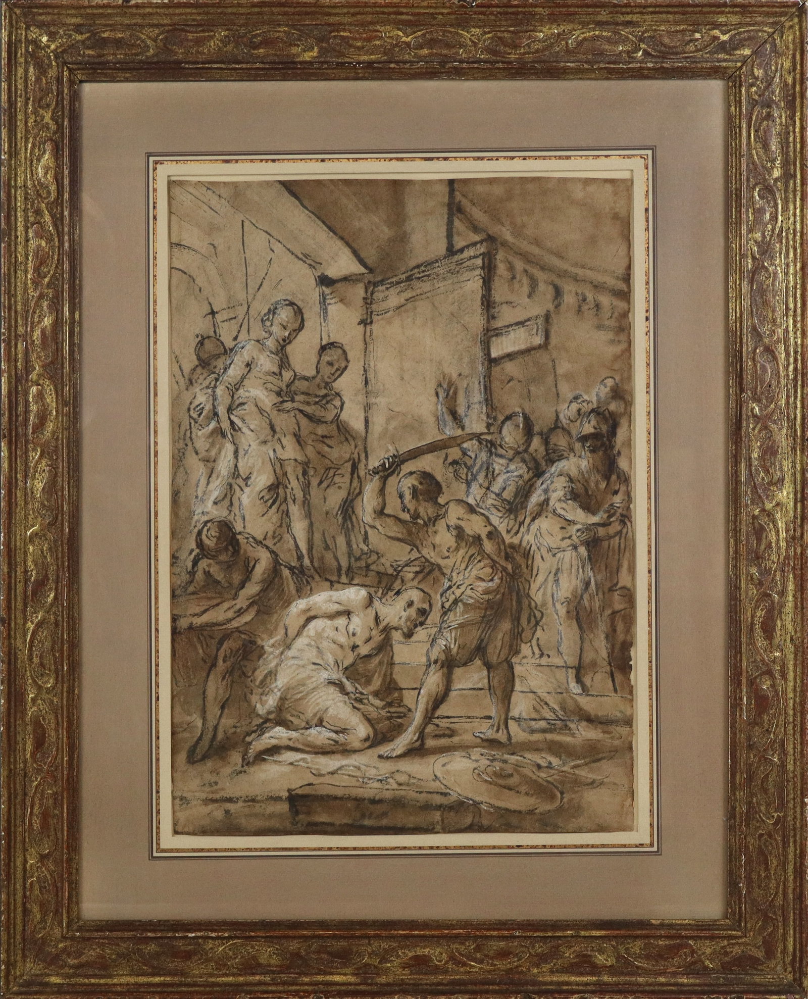 Attrib. Giovanni A. BURRINI Martyrdom of St. John: Attributed to Giovanni Antonio Burrini (Italian, 1656-1727) ink, brown wash, and chalk heightened with white on paper, Martyrdom of St. John the Baptist. [16 x 11-3/8 inches (40.6 x 28.9 cm) (sheet)].