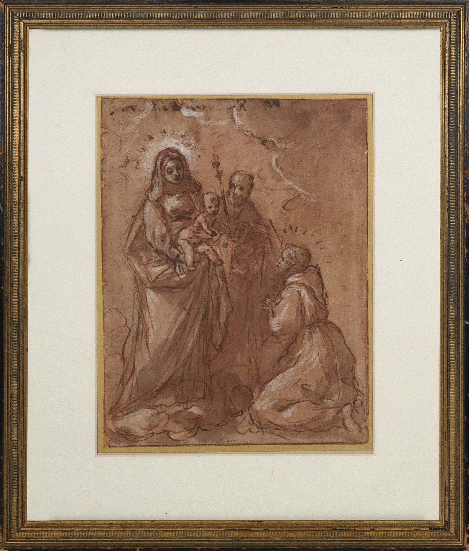 Attrib. Giacomo CAVEDONE Madonna & Child in Glory: Attributed to Giacomo Cavedone (Italian, 1577-1660) ink, wash, and red chalk heightened with white on laid paper, Madonna and Child in Glory with Saints, signed lower center: Giac.. [9-5/8 x 7-1/4 inc