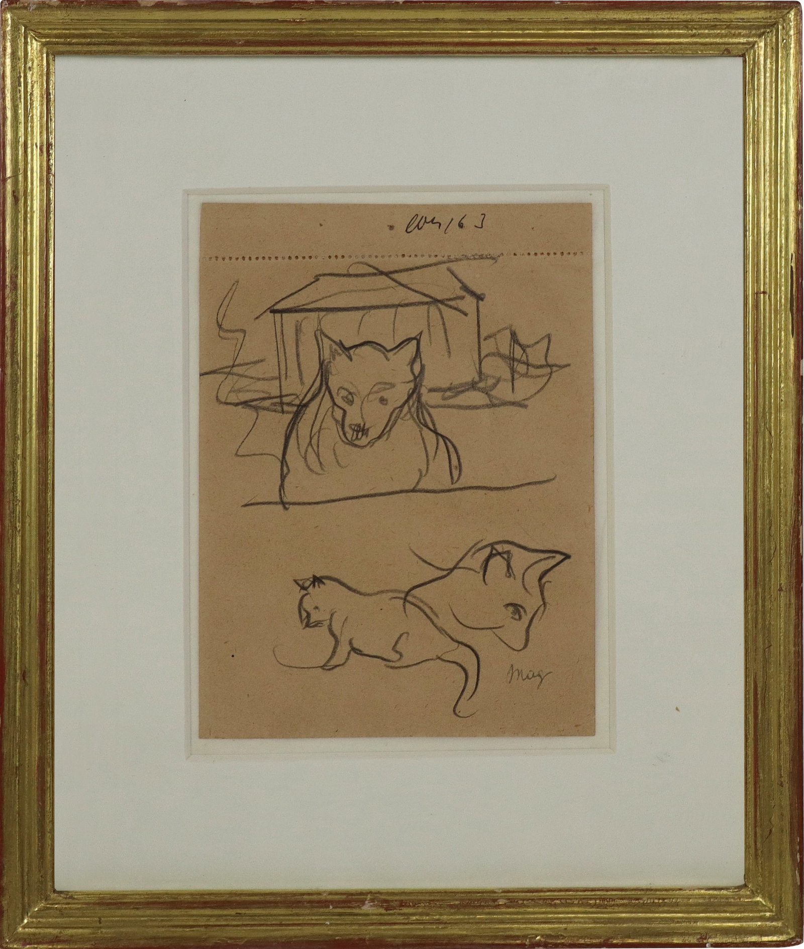 Rene MAGRITTE Pencil Study of Cats & Dog: Rene Magritte (Belgian, 1898-1967) graphite pencil on sketchbook paper, study of two cats and a dog, signed lower right: Mag. [5 1/2 x 4 1/4 inches (sheet); 9 3/4 x 8 1/4 inches (frame). Property