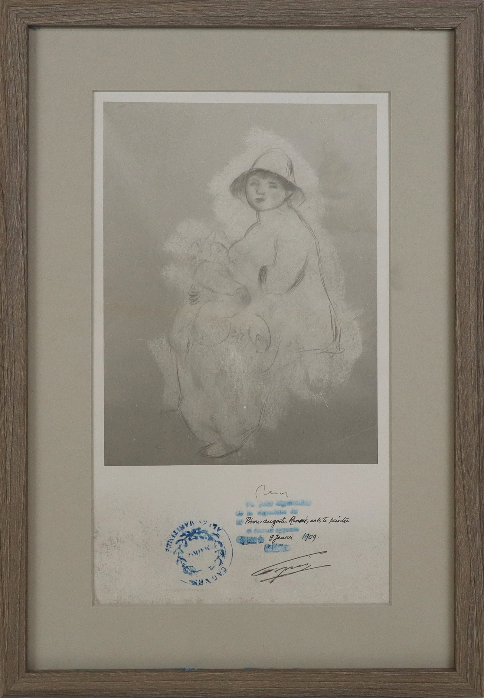 Framed Autograph of Pierre-Auguste Renoir: Framed autograph of Pierre-Auguste Renoir, featuring reproduction print of "Maternite (Madame Renoir et son fils Pierre)". [11 x 6 1/4 inches (sight); 15 x 10 1/4 inches (frame). Property from the