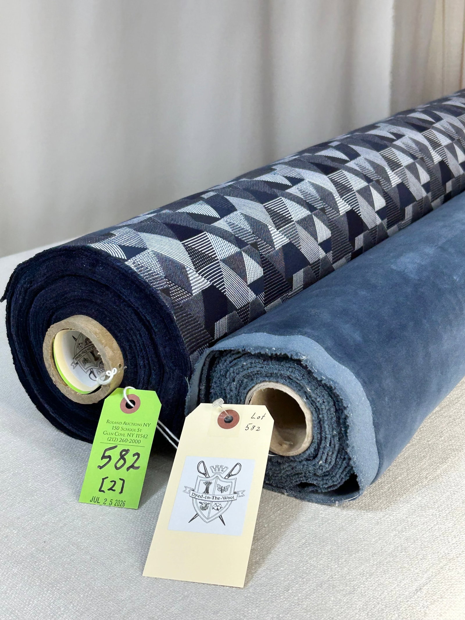 Maharam Blue Velvet And Fret's Geometric Fabric: 1) 3 1/2 yards of Maharam's "Resolute" blue cotton velvet, # 466199/022, 56" width. Multi-purpose and fine for medium-duty residential upholstery. In good condition. 2) 16 yards of Fret Fabrics' "Ense