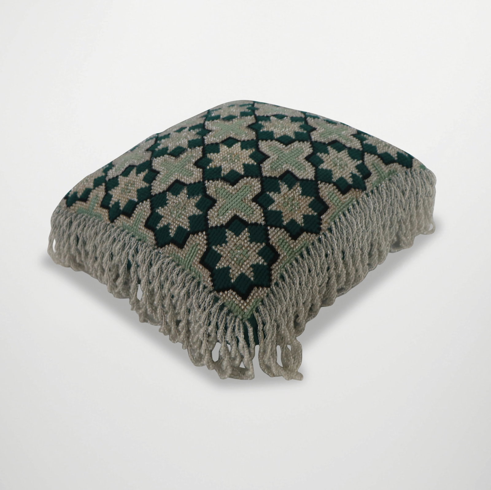 American Needlepoint and Beaded Pin Cushion: Large pin cushion; 19th century, green and black fabric with clear beads and long intertwined beaded fringe. 8.5" sq. Good condition.