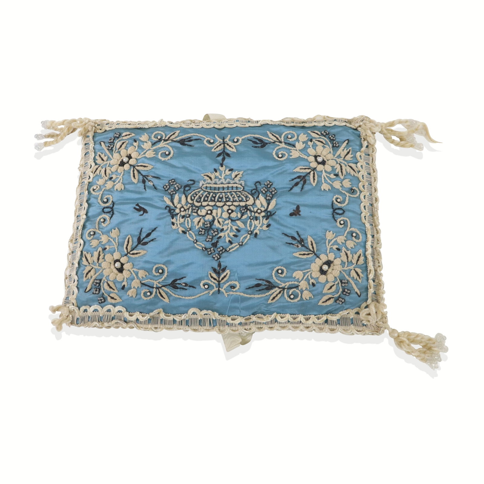 American Silk and Embroidered Book Cover: Book cover; early 20th century, floral beaded and pipe cleaner trim with mounted faux pearls on silk, with tufted and ribbon interior and pockets. 9" x 12". Aged and worn.