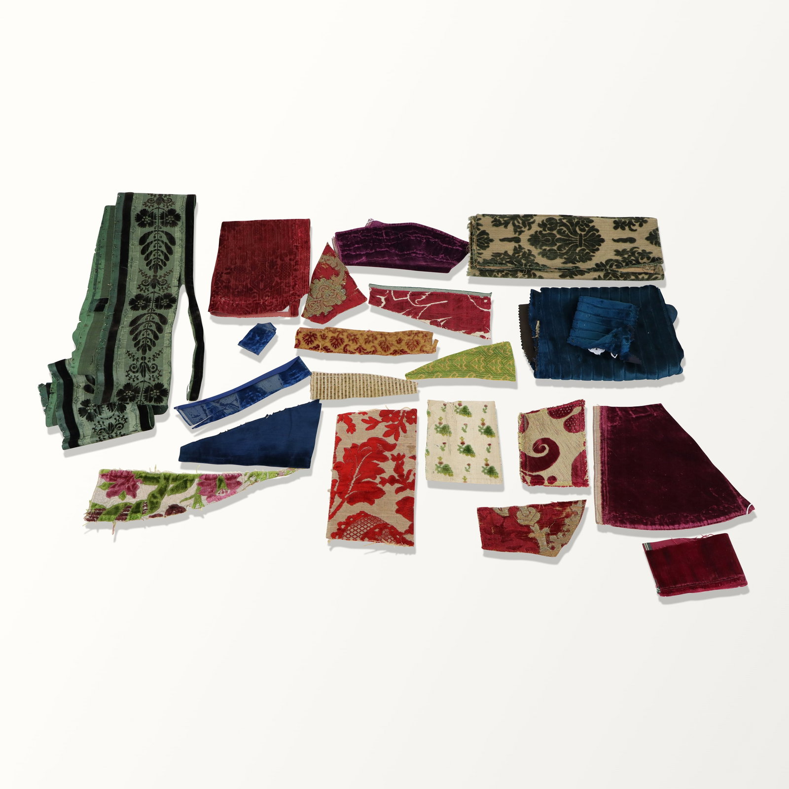 European Silk Velvet Fabrics and Fragments: Fabrics and fragments: 19th and 20th century, florals, stripes, Italian, French etc. Also ribbons. Aged and tattered and frayed.