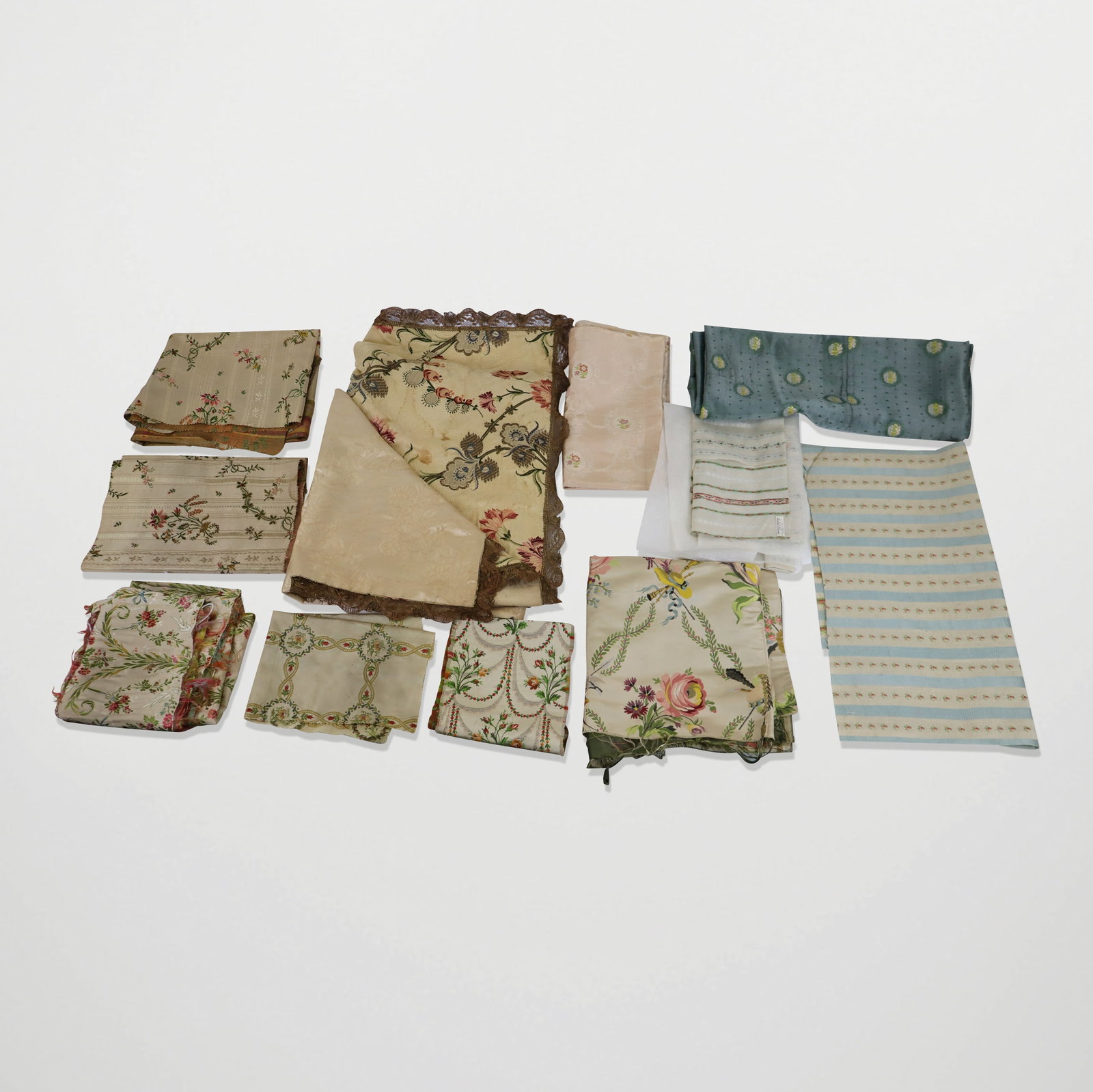 French Silk Fine Brocade Fabrics: French fabrics; 18th to 20th century, some very finely brocade, fine crips colors. Good condition, some aging.