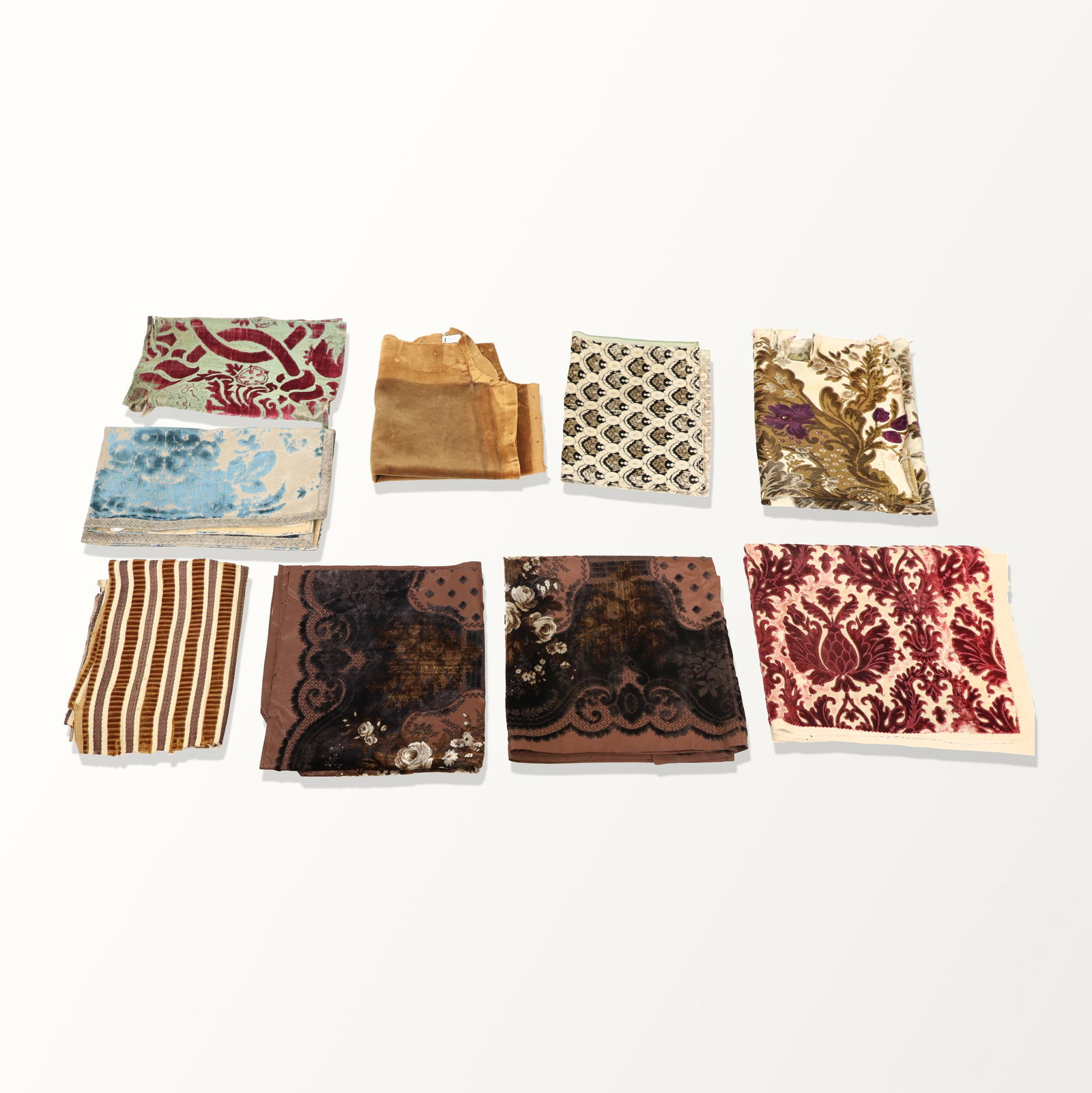 European Velvet Silk Fragments and Remnants: Fragments and remnants; 18th and 19th century, Including Russian sample. Aged, worn, frays.