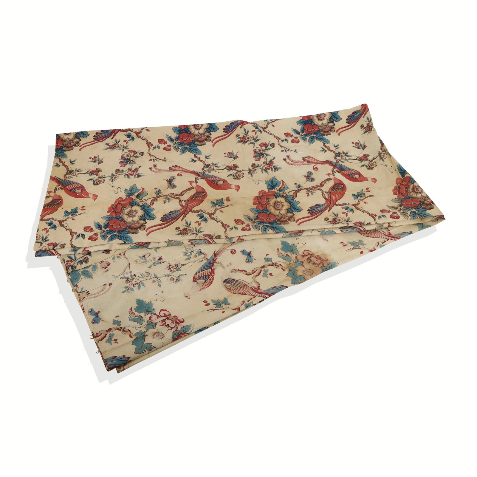 19th C Chintz Cotton with Pheasant and Flowers: Roller-printed cotton chintz with pheasants and flowers in red, blue, yellow, and white, England, ca. 1830s-40s. Three full panels. 63 1/4 x 61 in. Condition: Some staining, fading. Property sold on b