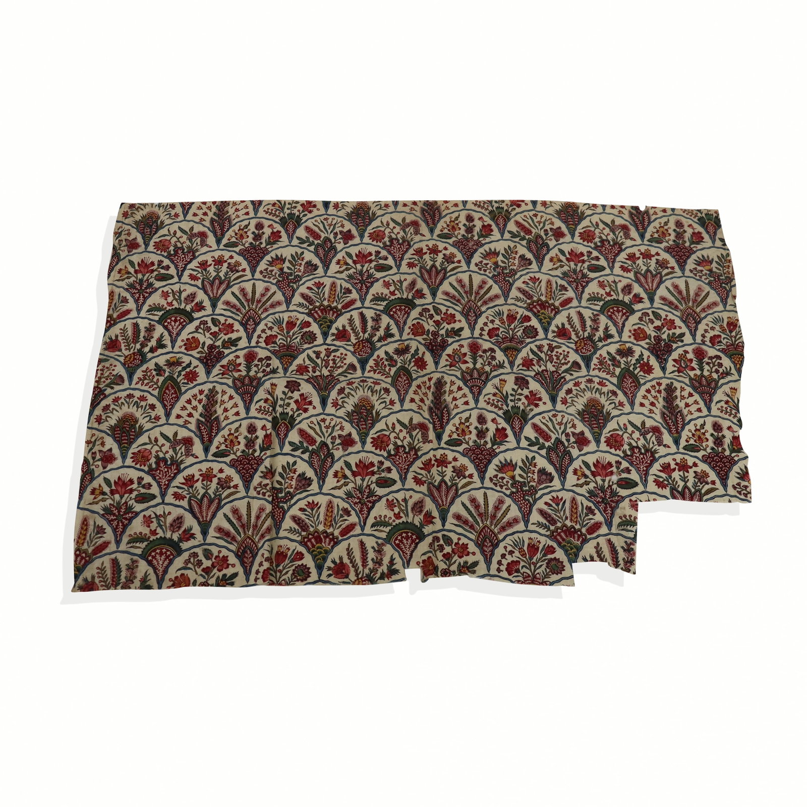 18th C French Oberkampf Toile de Jouy Cotton Panel: Rare document of block-printed polychrome cotton in the pattern "?ventails chinois" produced by the Oberkampf Manufactory, printed after 1792. 26 x 17 in. (irregular).Condition: Very good, cut at bott