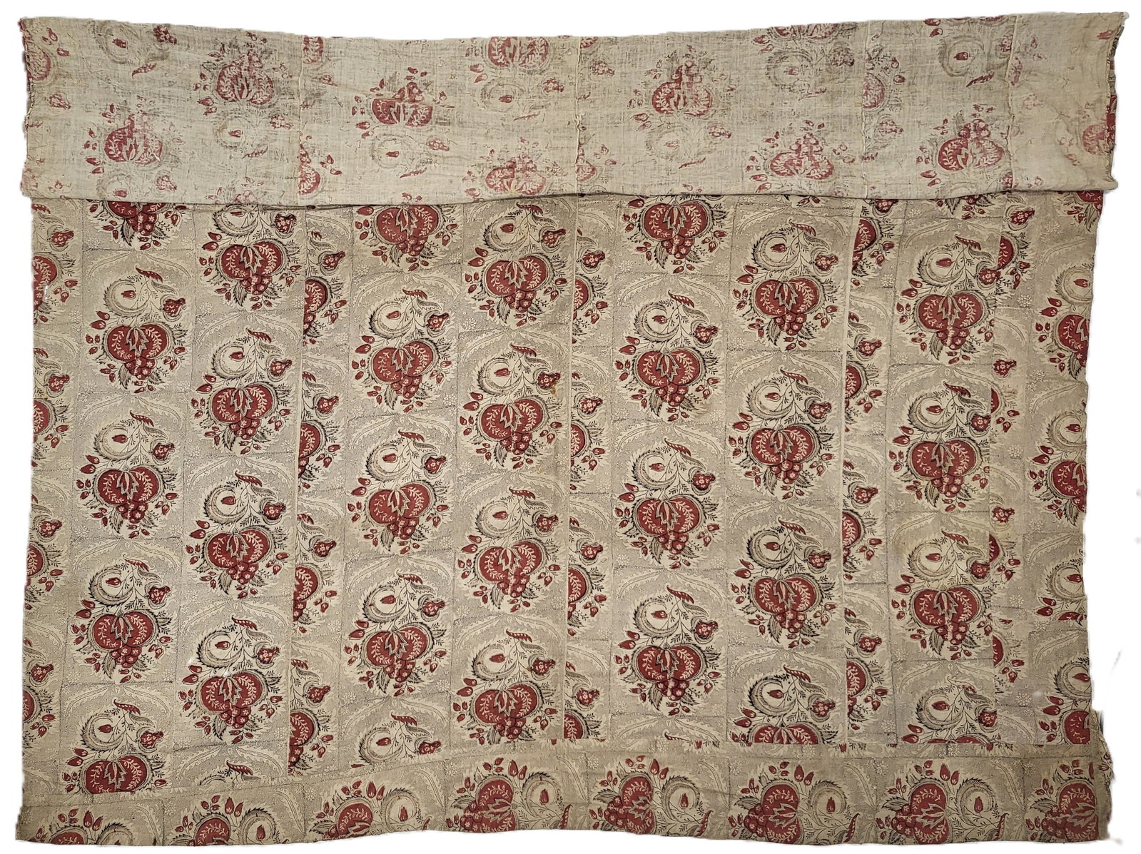 18th C French Block-Printed Linen Coverlet: Coverlet of block-printed linen with pattern of flowers in red and very dark brown (almost black) on white linen, France, mid- to late 18th century. 108 x 101 in.