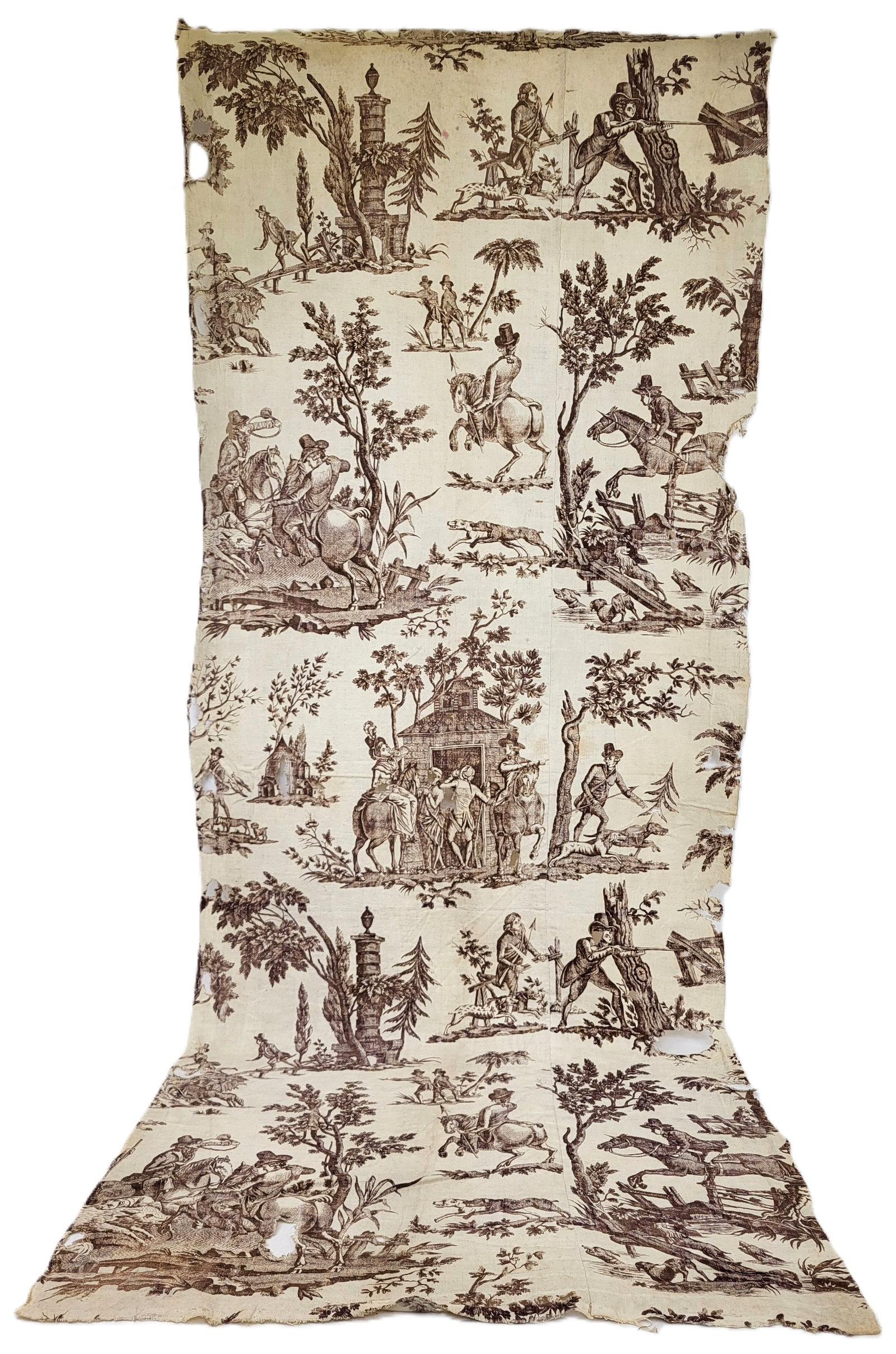 18th C French Toile de Nantes on Cotton: "La chasse au sanglier" copperplate-printed toile de Nantes after Claude-Louis Desrais, Nantes, France, ca. 1785, printed in sepia on white cotton, 104 x 27 3/4 in. Condition: Fading, losses. Property