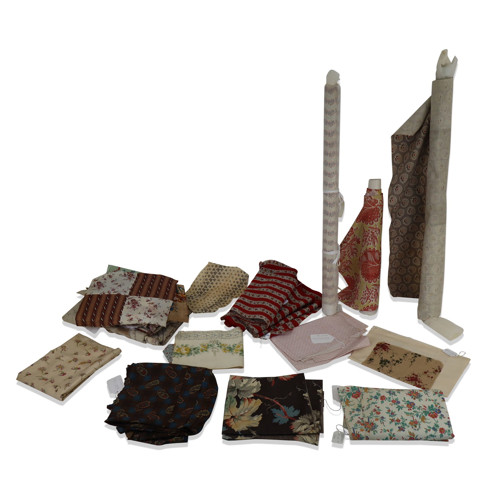 Collection 19 C English and American Chintz Cotton: Large collection of 19th-century Victorian printed cotton, wool, and silk documents for furnishing and dress, including a long length of floral rose-patterned cotton on a white ground, 87 12 x 31 in.,