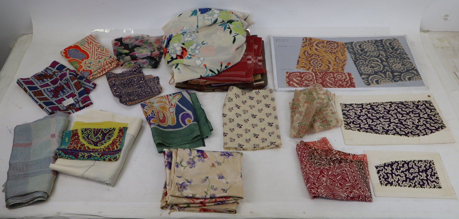 Collection of Art Deco Textile Documents: Collection of American Art Deco and later printed textile documents, cotton and silk, mostly for dress, ca. 1910s-40s.Good condition, fragmentary. Together with a fragment of 1920s Liberty & Co. print