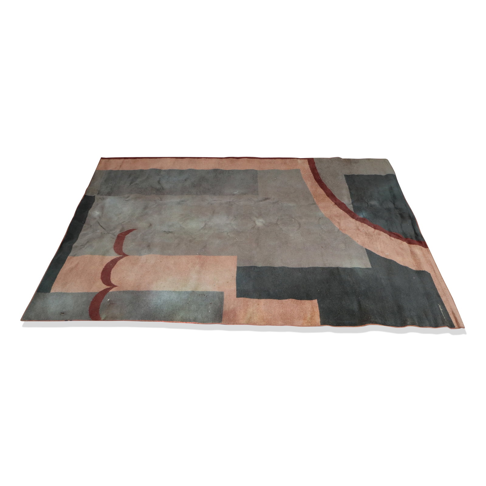 Wilton Mid Century Carpet (as is): Wilton mid century carpet, in geometric brown, gray, and red. 7'4" x 10'6". Stiff, stains, frays along edges and corners.