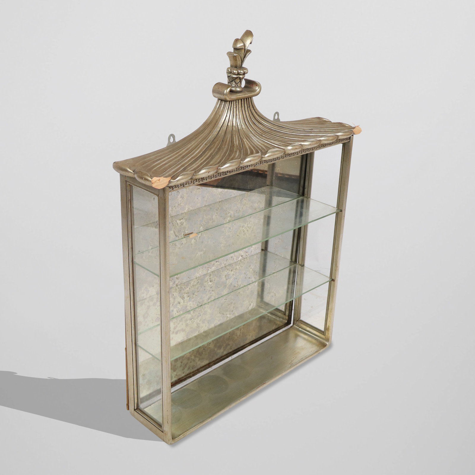 Chinoiserie Style Pagoda Top Etagere: Chinoiserie style pagoda top hanging two-tier etagere. [34" H x 26" W x 6" D]. Top corners as-is.