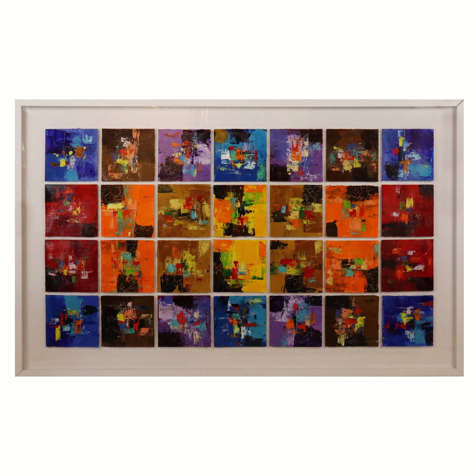 Ummarid EITHARONG Abstract Framed Works: Ummarid "Tony" Eitharong (Thai, b. 1952) set of 24 acrylic on watercolor artworks in one frame. [Art: 7" sq.; Frame: 37.5" H x 59.5" W]. Good condition.