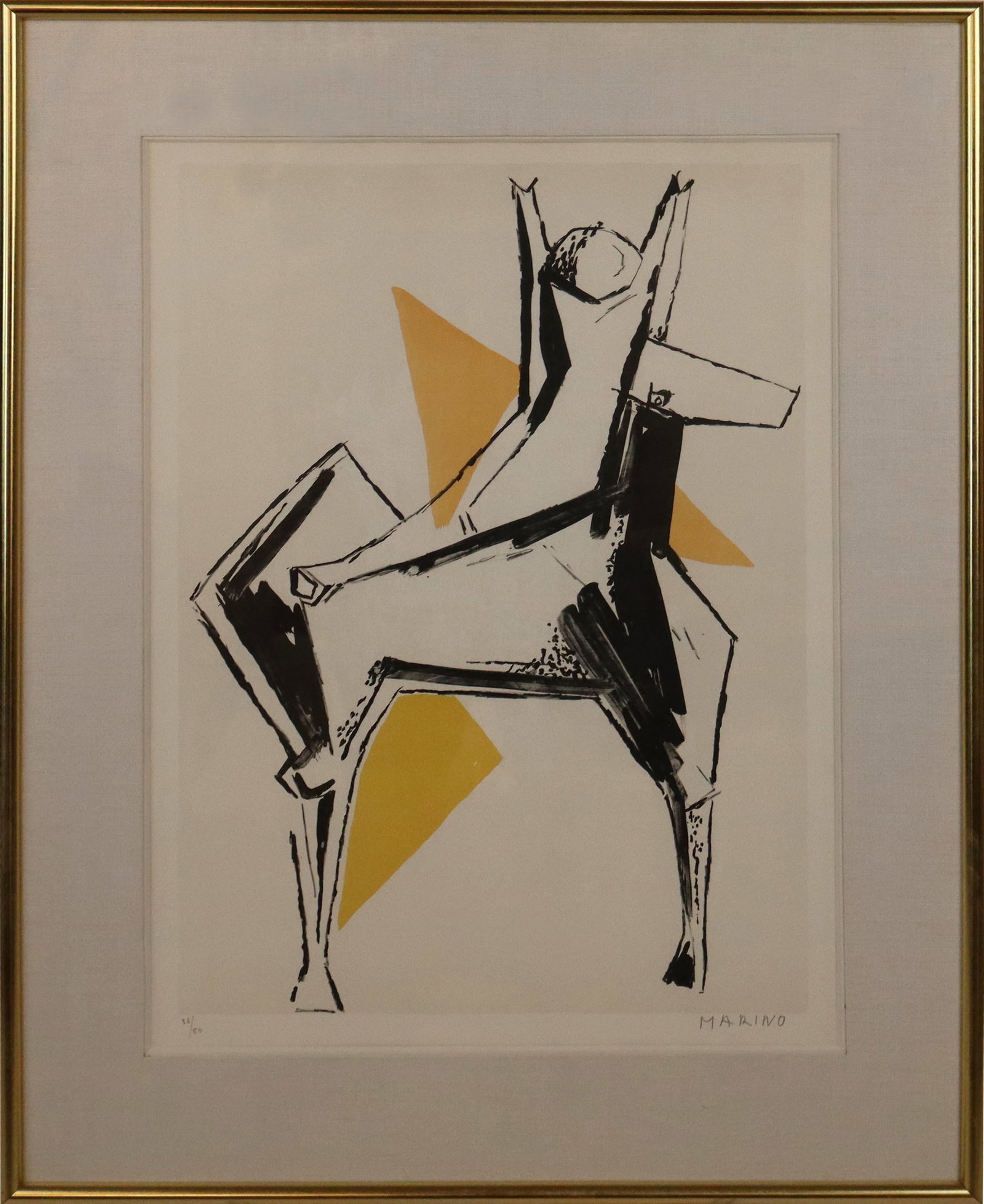 Marino MARINI "Cavaliere Fond Gris" Lithograph: Marino Marini (Italian, 1901-1980) lithograph titled "Cavalier Fond Gris," depicts a rider on a horse, pencil signed "Marino" lower right and numbered lower left, 36/50. [Art: 23" H x 15.5" W; Frame: 