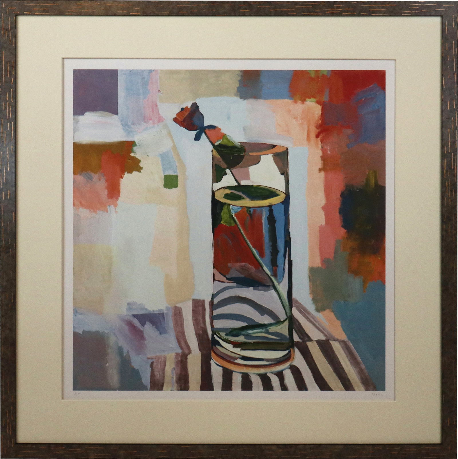 Marius L. Bosc Floral Still Life Lithograph: Marius L. Bosc (American, 20th Century) framed artist's proof lithograph of a flower in a glass. [Art: 24.5" H x 22" W; Frame: 35.5" H x 33" W]. Good condition.