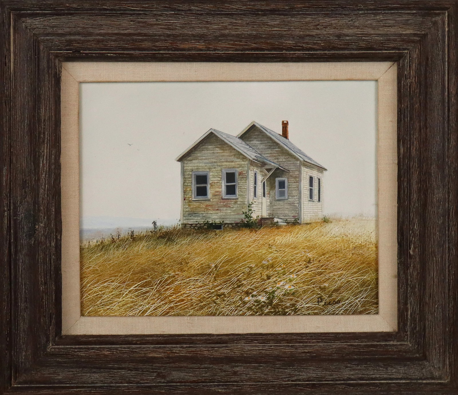 Bruce PEESO Pastoral Landscape w/ House: Bruce Peeso (American, b. 1951) acrylic on artists board, pastoral landscape with house in view, signed lower right "Peeso". [Board: 8" H x 10" W; Frame:12.5" H x 14.5" W]. Overall condition is good.