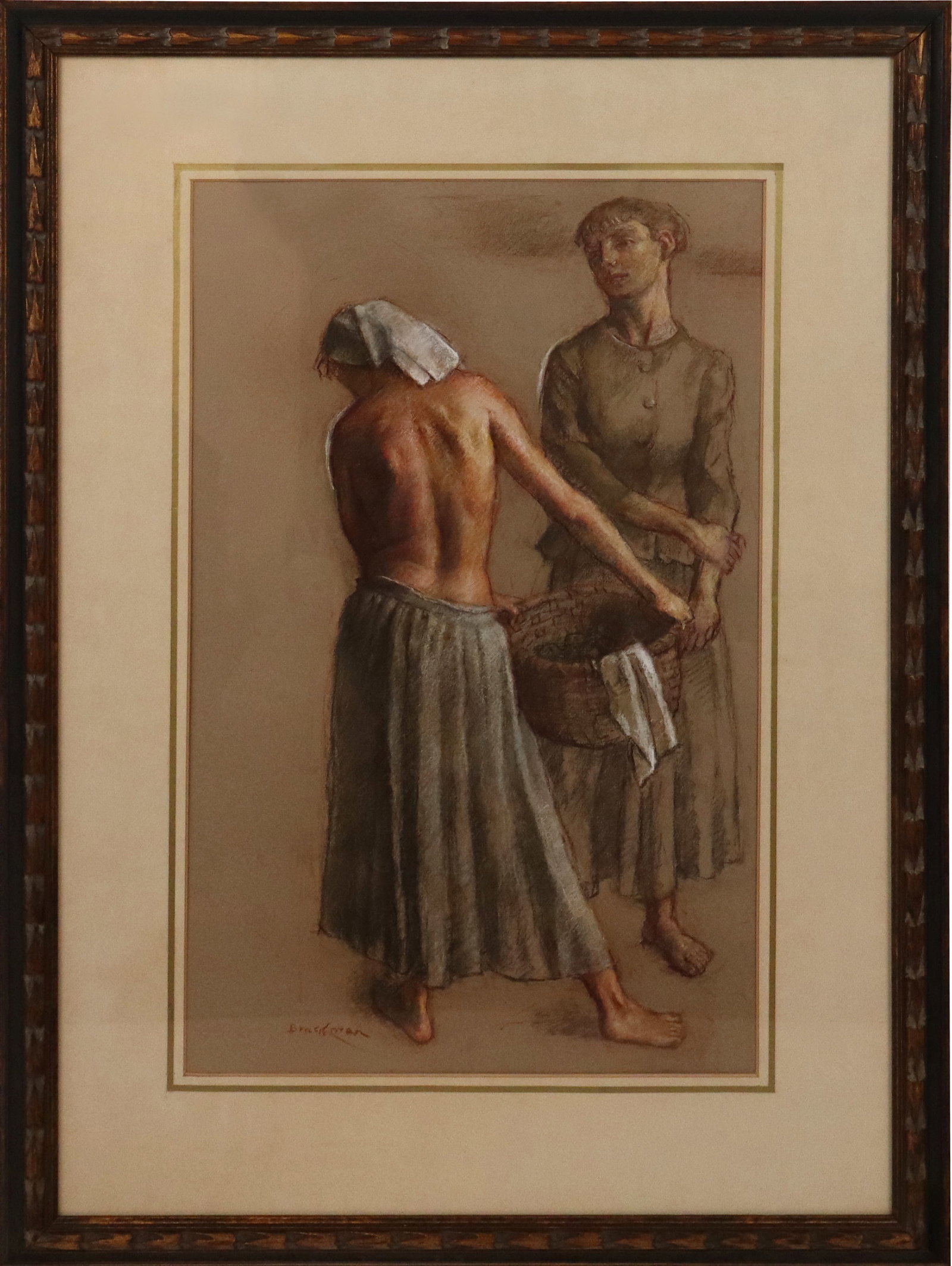 Robert BRACKMAN Two Women Pastel on Paper: Robert Brackman (Ukrainian/American, 1898-1980) pastel on paper, composition with two standing women, signed lower left "Brackman". [Sight: 25" H x 15" W; Frame: 36" H x 25" W]. Overall condition is