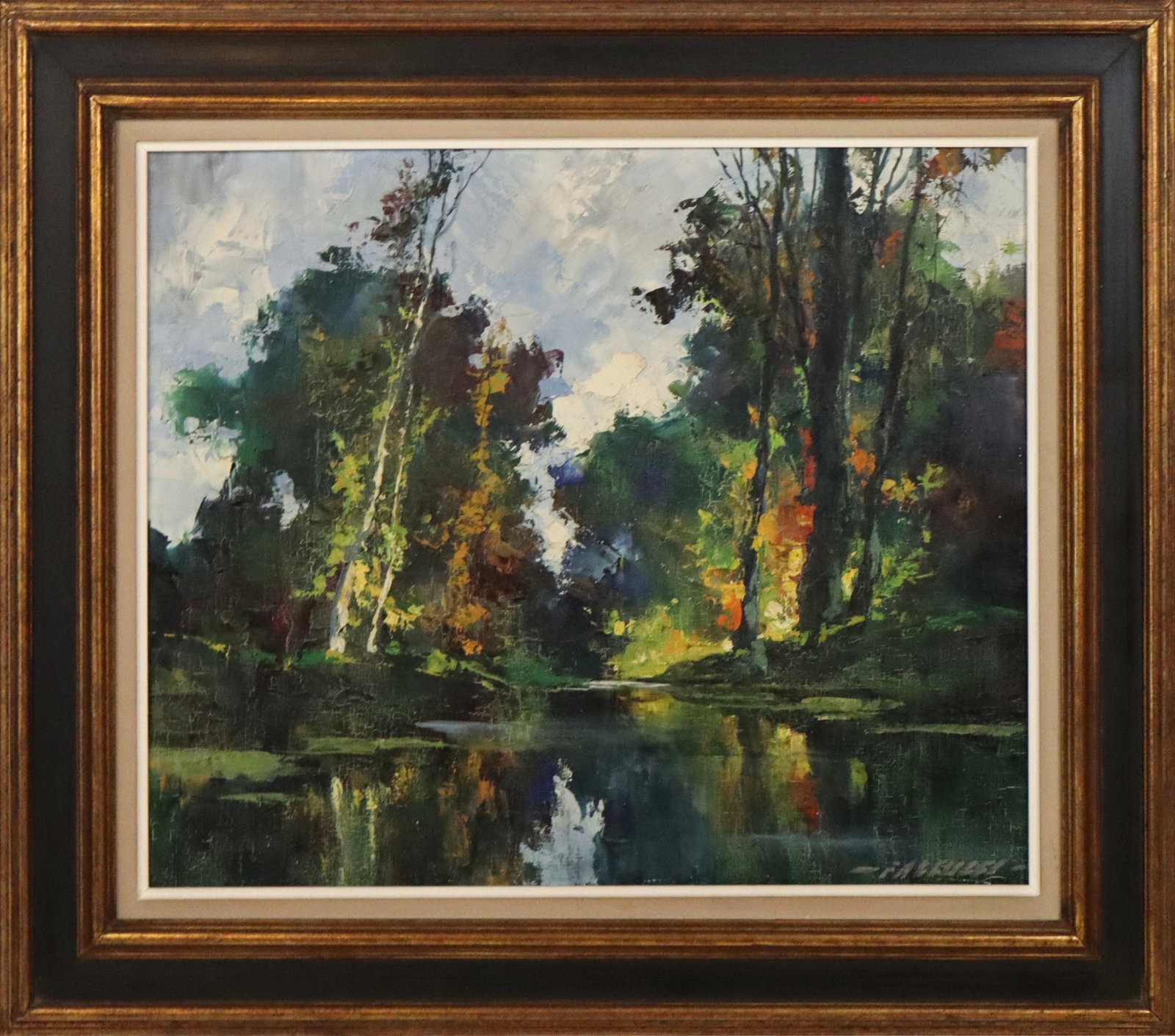 Robert FALCUCCI River Landscape Oil on Canvas: Robert Falcucci (French, 1900-1989) oil on canvas, early autumn river landscape, signed lower right "Falcucci" with additional signature to verso. [Canvas: 18" H x 21.75" W; Frame: 24.75" H x 28.25"