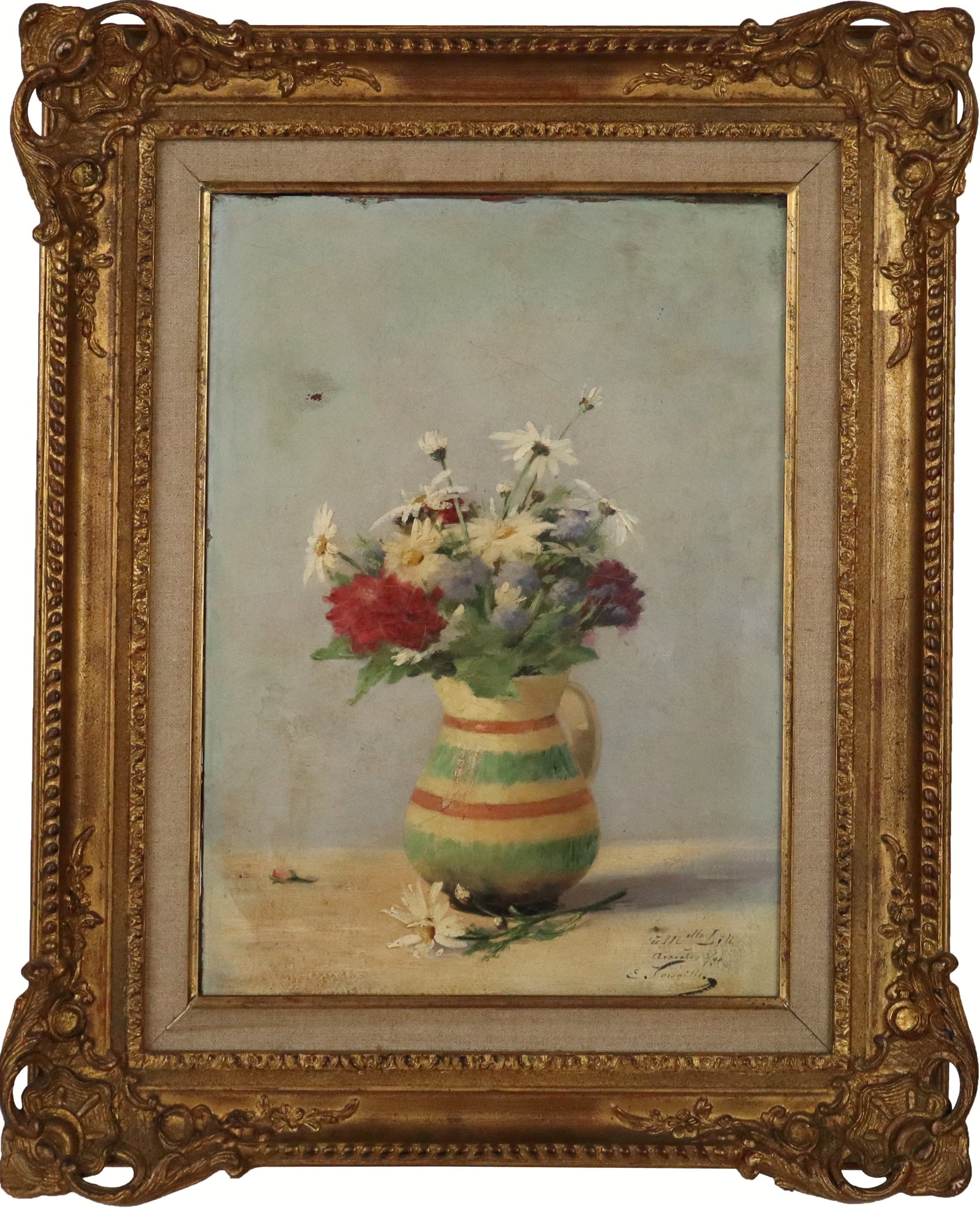 Antique French Floral Still Life Oil on Canvas: Antique French oil on canvas depicting floral still life with jug, inscribed lower right "a Melle Lili / Arcachon 3/90 / E. Versailles" (?). [Canvas: 15.5" H x 11.5" W; Frame: 22" H x 18" W]. Repairs,